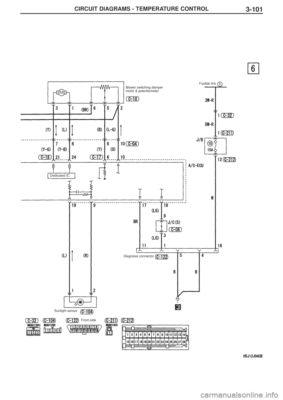 MITSUBISHI LANCER EVOLUTION IX 2005 Manual Online 3-101CIRCUIT DIAGRAMS - TEMPERATURE CONTROL
Blower switching damper
motor & potentiometer Fusible link  
Front sideDiagnosis connector 
Sunlight sensor  Dedicated IC 
