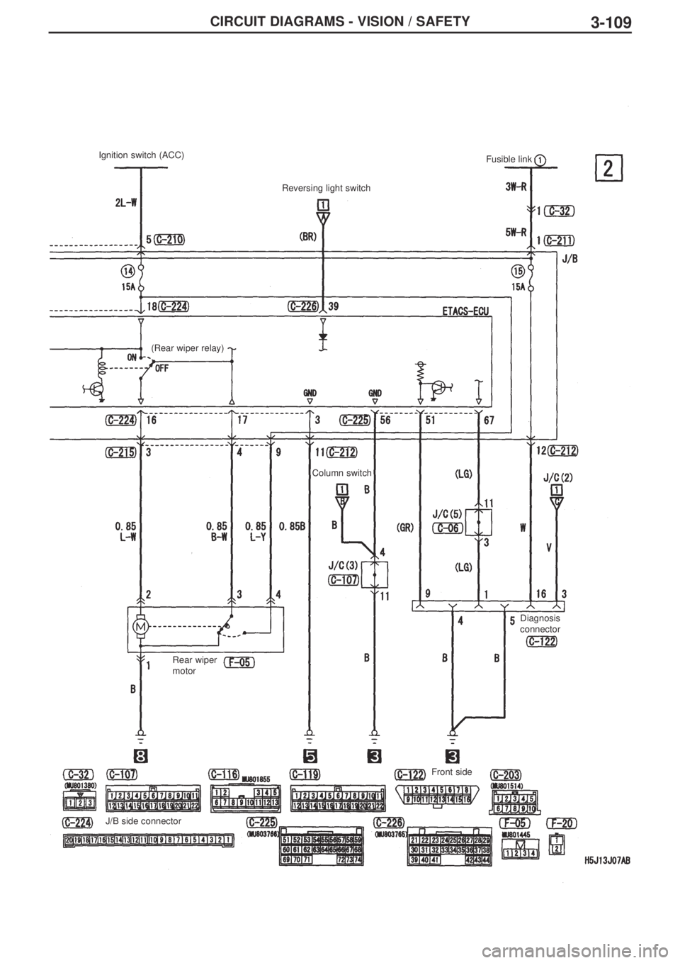MITSUBISHI LANCER EVOLUTION IX 2005 Manual PDF 3-109CIRCUIT DIAGRAMS - VISION / SAFETY
Ignition switch (ACC)
(Rear wiper relay)
Rear wiper
motorReversing light switch
J/B side connectorColumn switch
Front sideFusible link 
Diagnosis
connector 