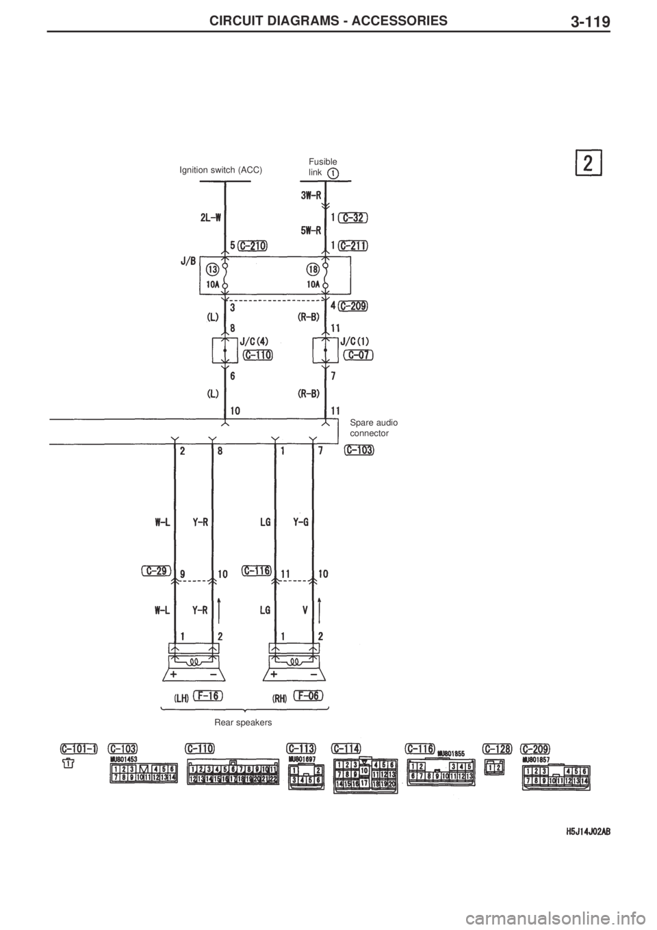 MITSUBISHI LANCER EVOLUTION IX 2005  Workshop Manual 3-119CIRCUIT DIAGRAMS - ACCESSORIES
Ignition switch (ACC)Fusible
link
Spare audio
connector
Rear speakers 