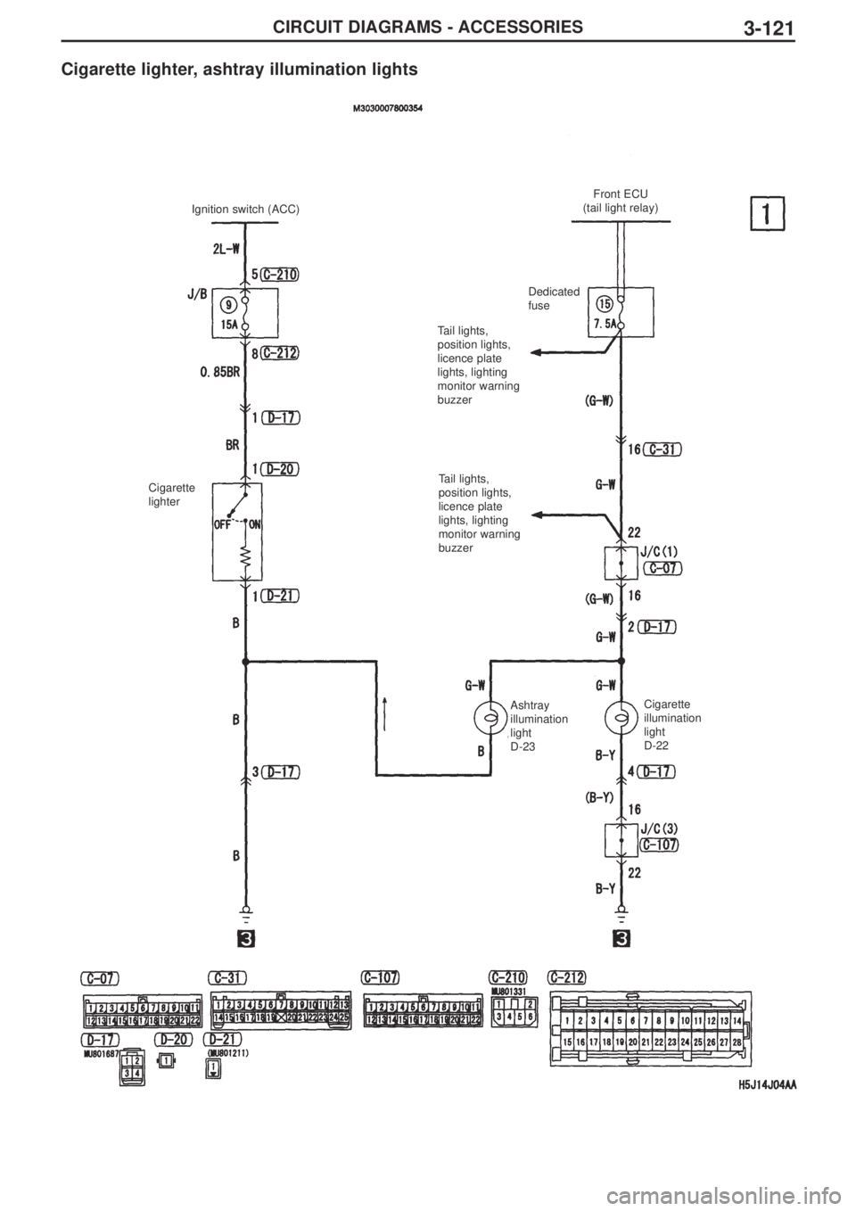 MITSUBISHI LANCER EVOLUTION IX 2005  Workshop Manual 3-121CIRCUIT DIAGRAMS - ACCESSORIES
Cigarette lighter, ashtray illumination lights
Cigarette
lighterIgnition switch (ACC)
Tail lights,
position lights,
licence plate
lights, lighting
monitor warning
b