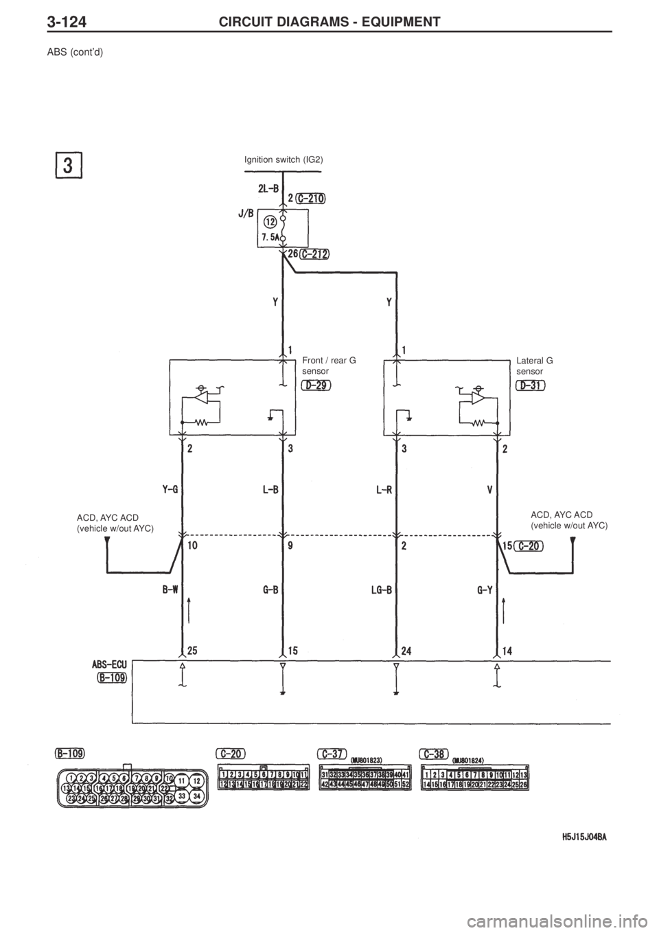 MITSUBISHI LANCER EVOLUTION IX 2005 Manual Online 3-124CIRCUIT DIAGRAMS - EQUIPMENT
ABS (cont’d)
ACD, AYC ACD
(vehicle w/out AYC) Ignition switch (IG2)
Front / rear G
sensorLateral G
sensor
ACD, AYC ACD
(vehicle w/out AYC)  