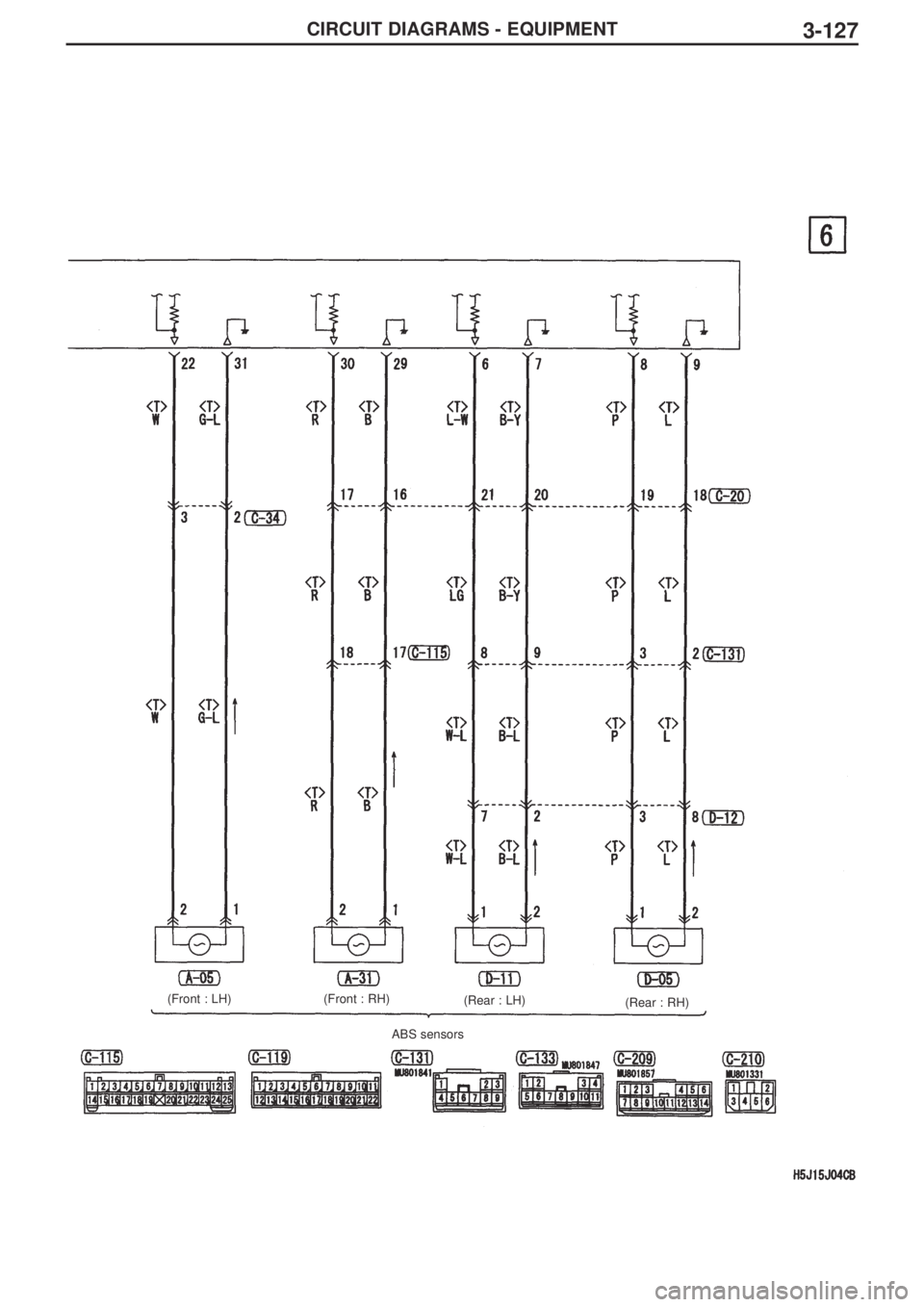 MITSUBISHI LANCER EVOLUTION IX 2005 Manual Online 3-127CIRCUIT DIAGRAMS - EQUIPMENT
(Front : LH) (Front : RH)
(Rear : LH)
(Rear : RH)
ABS sensors 