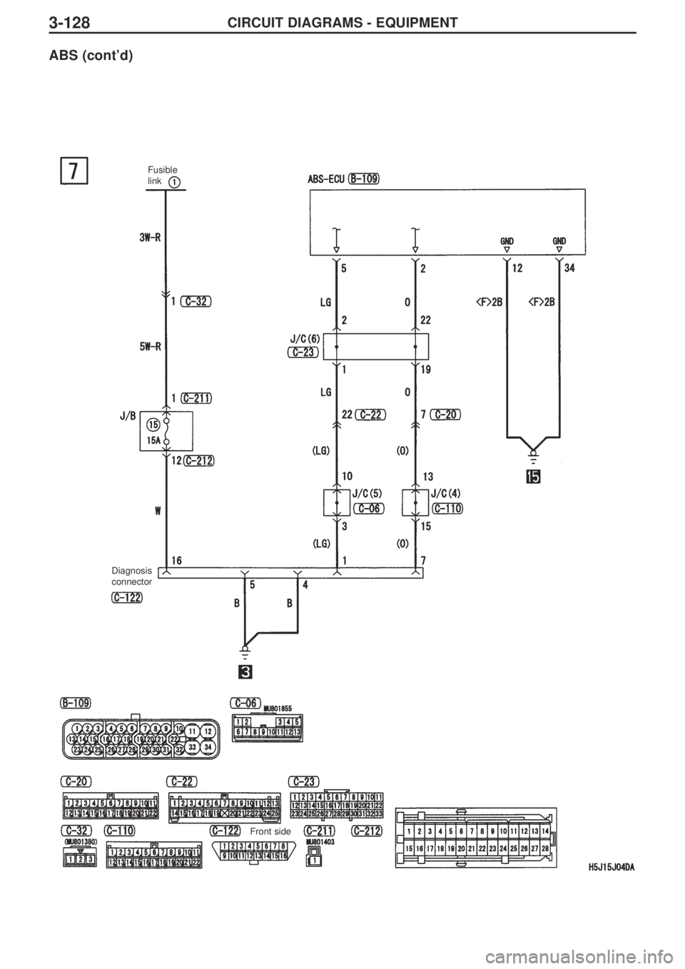 MITSUBISHI LANCER EVOLUTION IX 2005  Workshop Manual 3-128CIRCUIT DIAGRAMS - EQUIPMENT
ABS (cont’d)
Fusible
link 
Diagnosis
connector
Front side 