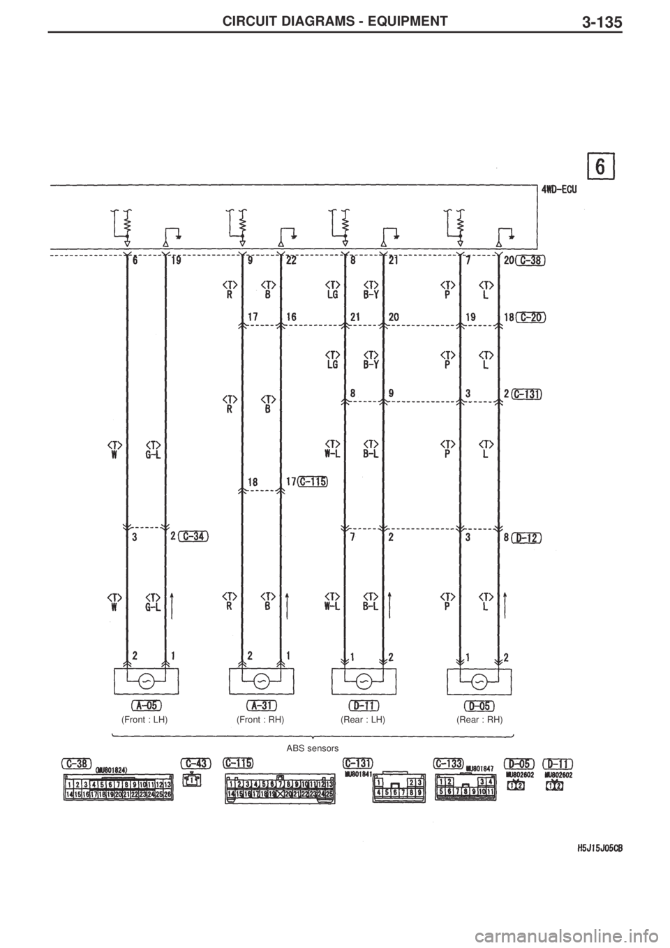 MITSUBISHI LANCER EVOLUTION IX 2005 Workshop Manual 3-135CIRCUIT DIAGRAMS - EQUIPMENT
(Front : LH)
(Front : RH)(Rear : LH) (Rear : RH)
ABS sensors MITSUBISHI LANCER EVOLUTION IX 2005 Workshop Manual 3-135CIRCUIT DIAGRAMS - EQUIPMENT
(Front : LH)
(Front : RH)(Rear : LH) (Rear : RH)
ABS sensors