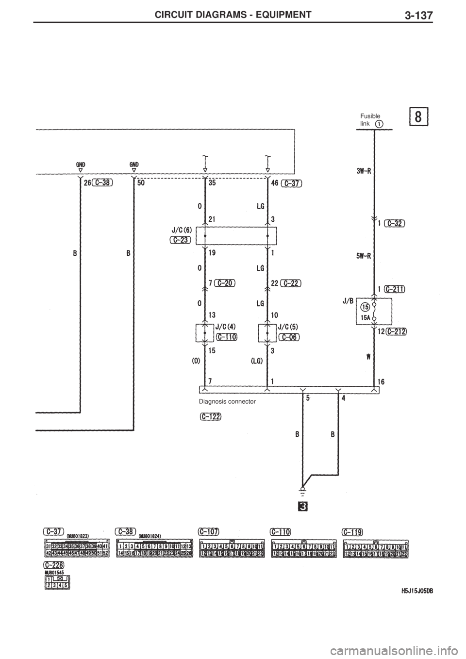 MITSUBISHI LANCER EVOLUTION IX 2005 Workshop Manual 3-137CIRCUIT DIAGRAMS - EQUIPMENT
Diagnosis connectorFusible
link MITSUBISHI LANCER EVOLUTION IX 2005 Workshop Manual 3-137CIRCUIT DIAGRAMS - EQUIPMENT
Diagnosis connectorFusible
link