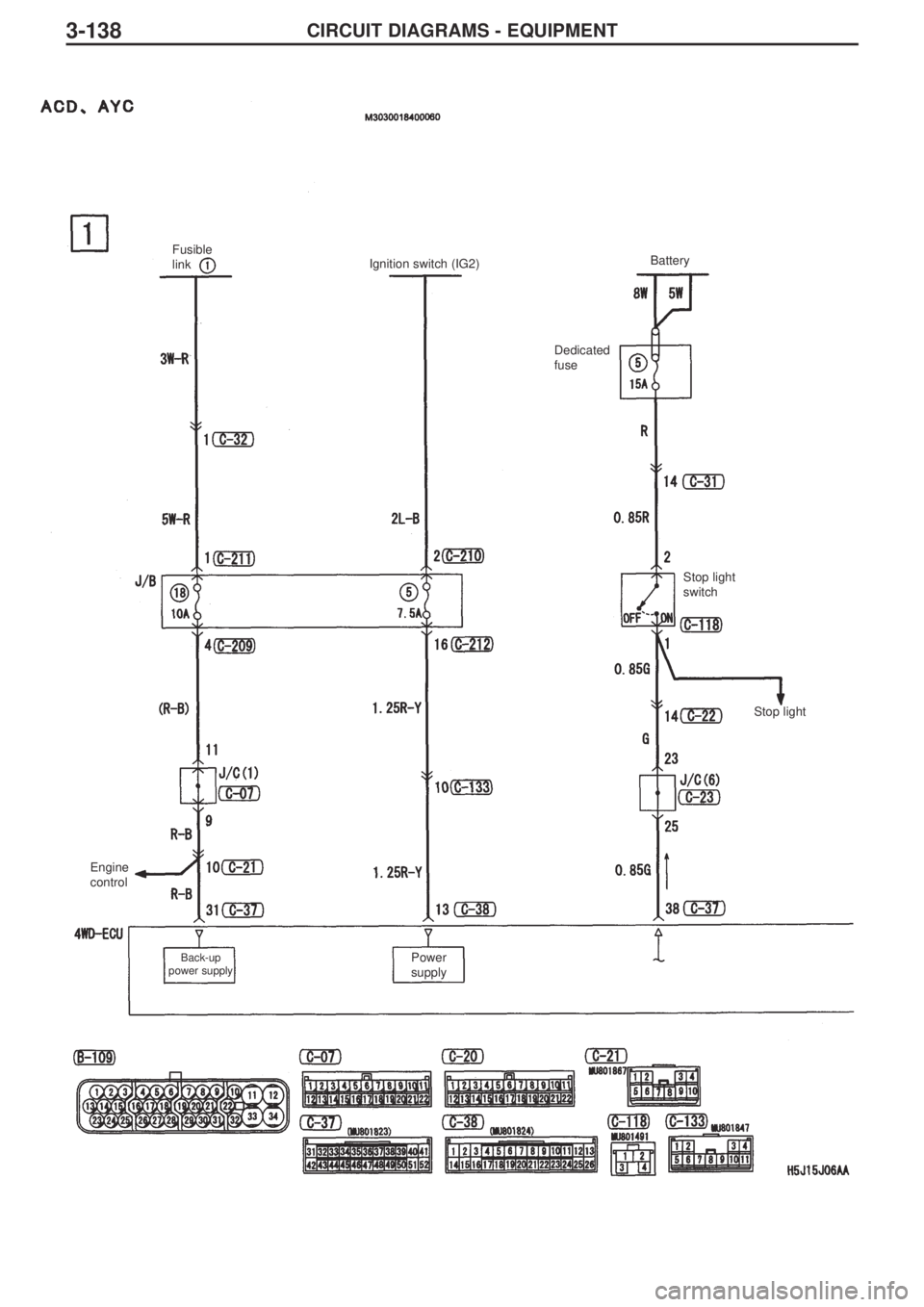 MITSUBISHI LANCER EVOLUTION IX 2005 Workshop Manual 3-138CIRCUIT DIAGRAMS - EQUIPMENT
Engine
control
Back-up
power supply
Fusible
link Ignition switch (IG2)Battery
Dedicated
fuse
Stop light
switch
Stop light
Power
supply MITSUBISHI LANCER EVOLUTION IX 2005 Workshop Manual 3-138CIRCUIT DIAGRAMS - EQUIPMENT
Engine
control
Back-up
power supply
Fusible
link Ignition switch (IG2)Battery
Dedicated
fuse
Stop light
switch
Stop light
Power
supply
