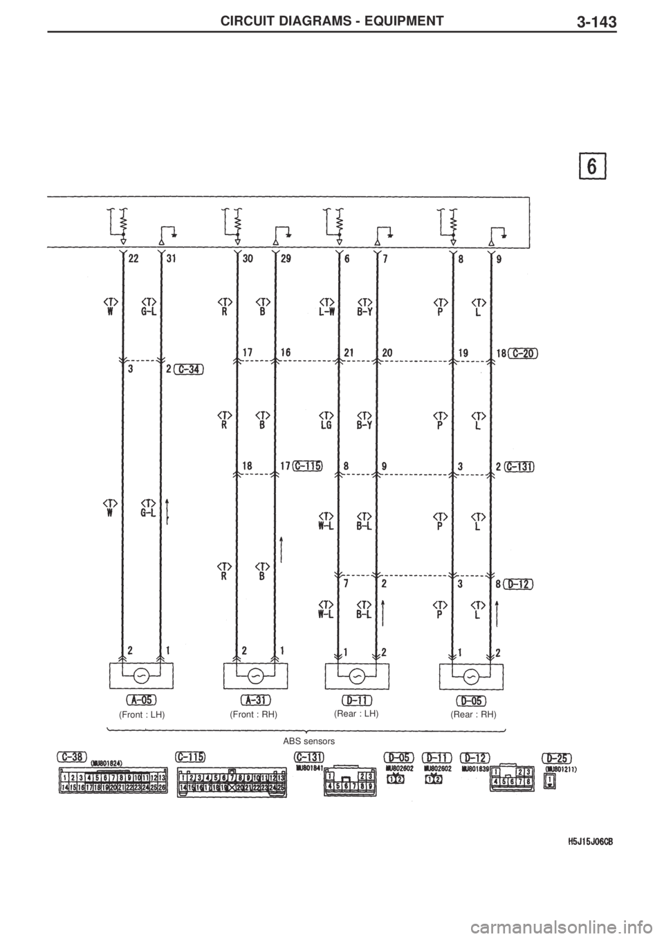 MITSUBISHI LANCER EVOLUTION IX 2005 Workshop Manual 3-143CIRCUIT DIAGRAMS - EQUIPMENT
(Front : LH)(Front : RH)(Rear : LH)
(Rear : RH)
ABS sensors MITSUBISHI LANCER EVOLUTION IX 2005 Workshop Manual 3-143CIRCUIT DIAGRAMS - EQUIPMENT
(Front : LH)(Front : RH)(Rear : LH)
(Rear : RH)
ABS sensors