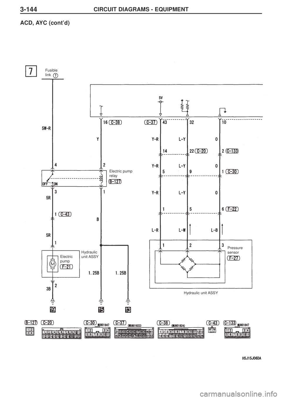 MITSUBISHI LANCER EVOLUTION IX 2005 Owners Manual 3-144CIRCUIT DIAGRAMS - EQUIPMENT
ACD, AYC (cont’d)
Fusible
link
Electric
pumpHydraulic
unit ASSYElectric pump
relay
Hydraulic unit ASSYPressure
sensor 