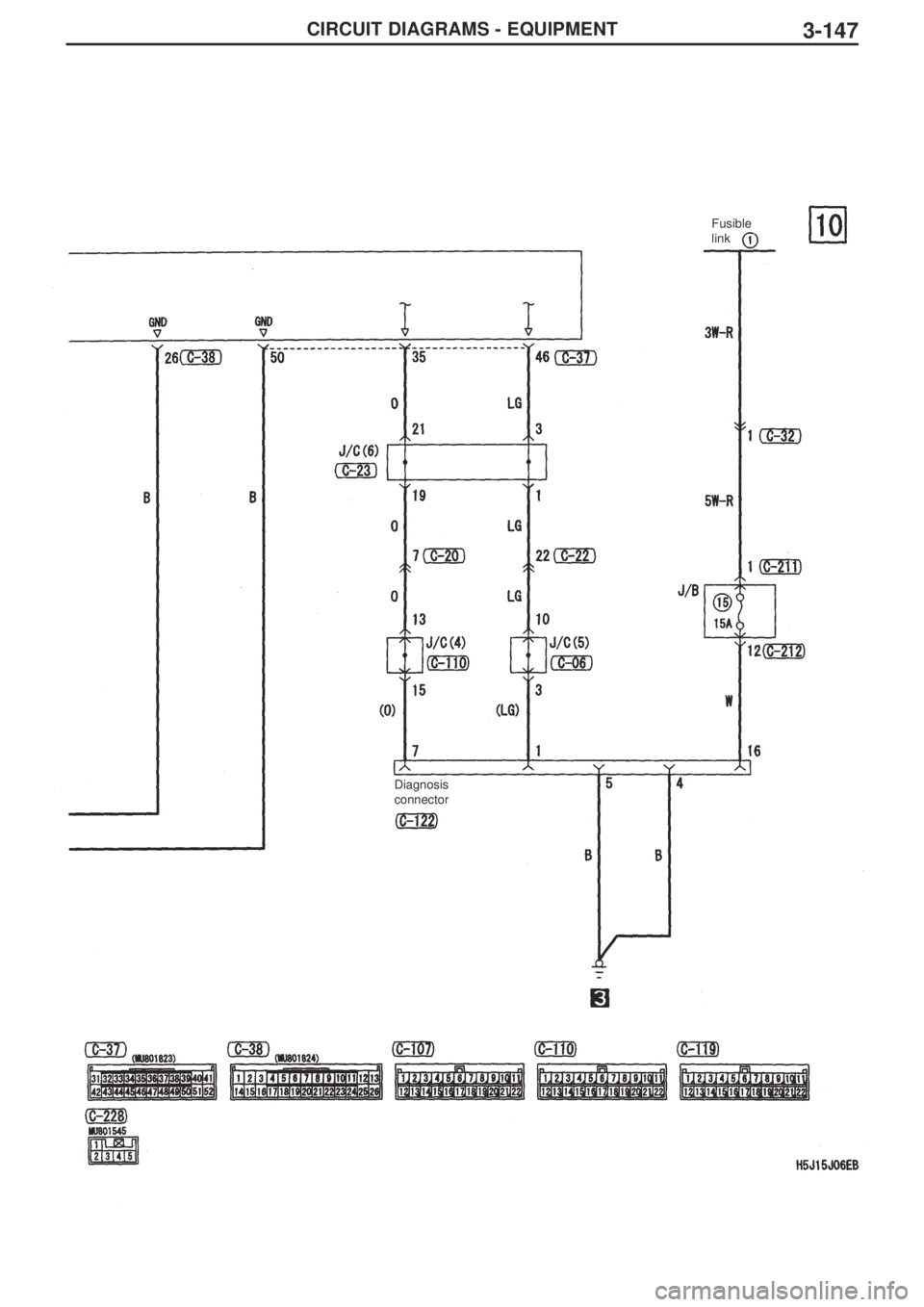 MITSUBISHI LANCER EVOLUTION IX 2005  Workshop Manual 3-147CIRCUIT DIAGRAMS - EQUIPMENT
Diagnosis
connectorFusible
link  