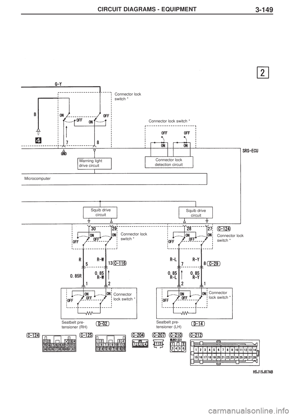 MITSUBISHI LANCER EVOLUTION IX 2005  Workshop Manual 3-149CIRCUIT DIAGRAMS - EQUIPMENT
Microcomputer
Seatbelt pre-
tensioner (RH)Warning light
drive circuit
Squib drive
circuit
Connector lock
switch *
Connector
lock switch *Connector lock
switch *
Conne