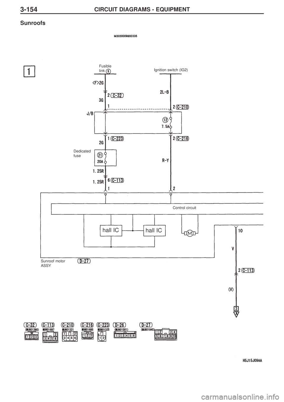MITSUBISHI LANCER EVOLUTION IX 2005  Workshop Manual 3-154CIRCUIT DIAGRAMS - EQUIPMENT
Sunroofs
Sunroof motor
ASSYFusible
link
Dedicated
fuseIgnition switch (IG2)
Control circuit
hall IC
hall IC 