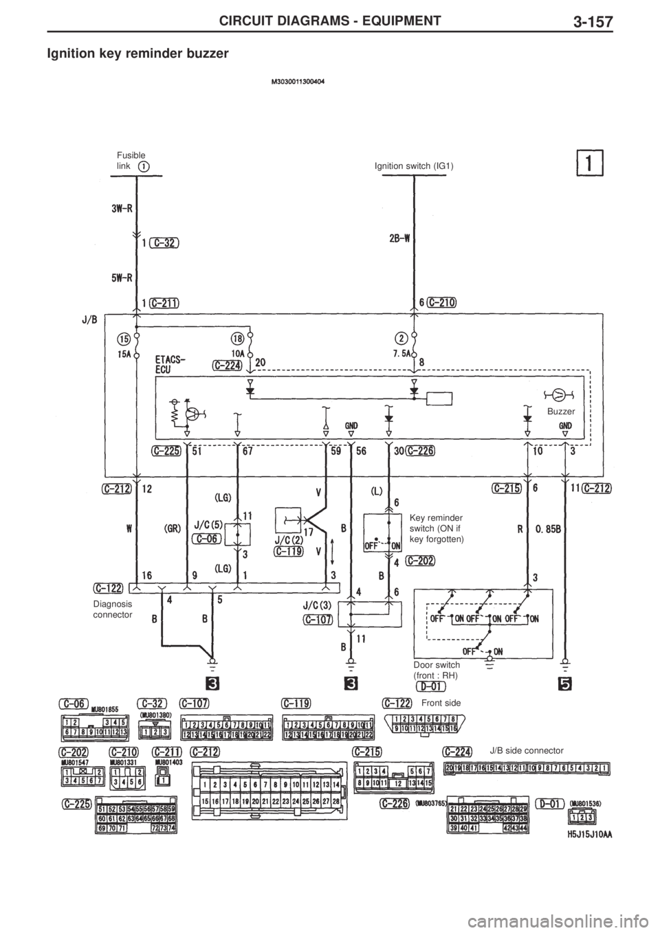 MITSUBISHI LANCER EVOLUTION IX 2005  Workshop Manual 3-157CIRCUIT DIAGRAMS - EQUIPMENT
Ignition key reminder buzzer
Fusible
link 
Ignition switch (IG1)
Diagnosis
connectorBuzzer
Key reminder
switch (ON if
key forgotten)
Door switch
(front : RH)
Front si