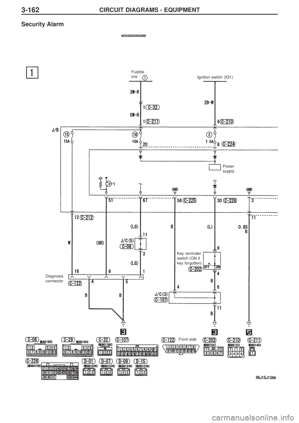 MITSUBISHI LANCER EVOLUTION IX 2005  Workshop Manual 3-162CIRCUIT DIAGRAMS - EQUIPMENT
Security Alarm
Diagnosis
connectorFusible
link
Ignition switch (IG1)
Power
supply
Key reminder
switch (ON if
key forgotten)
Front side 