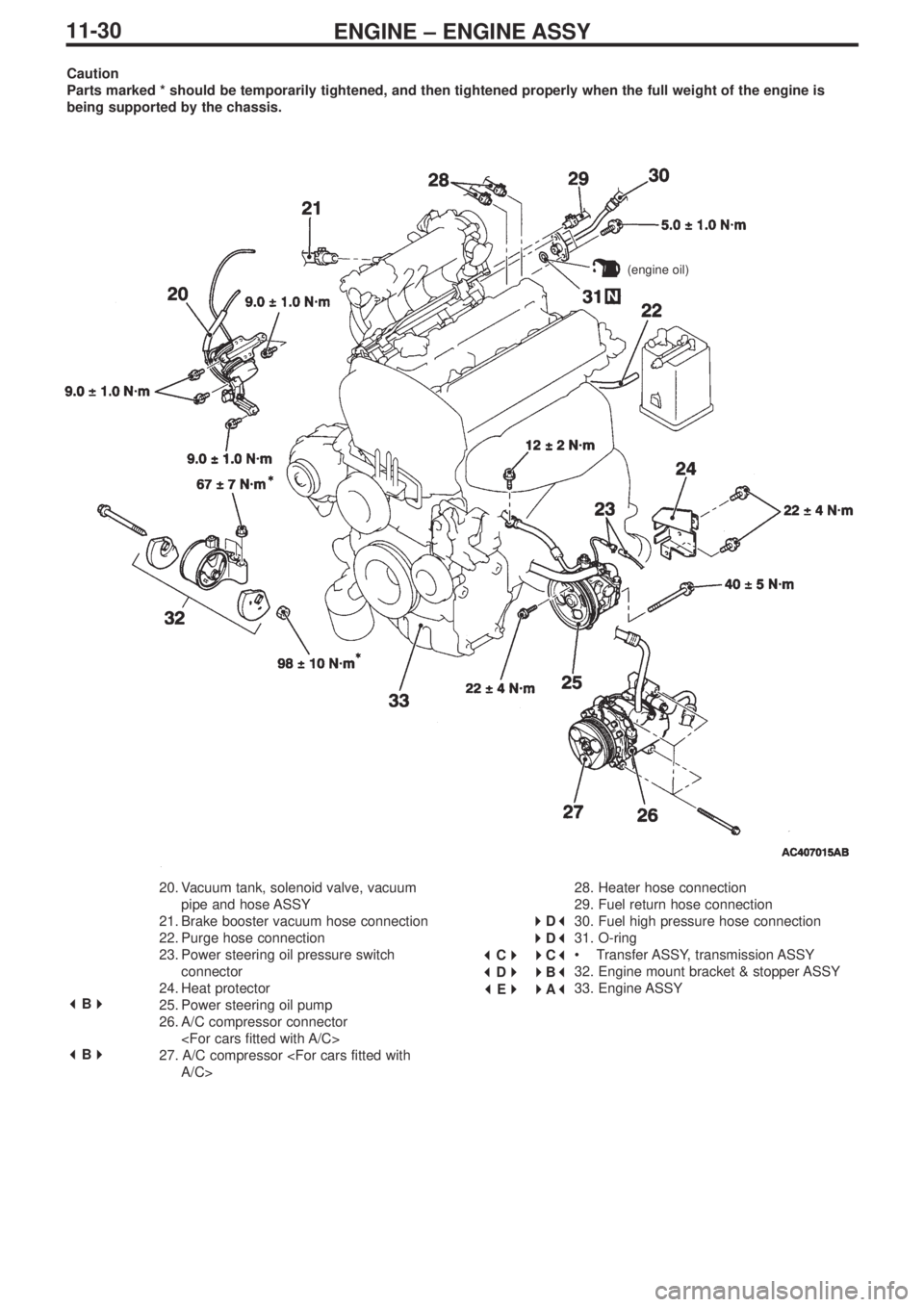 MITSUBISHI LANCER EVOLUTION IX 2005 Owners Guide ENGINE – ENGINE ASSY11-30
Caution
Parts marked * should be temporarily tightened, and then tightened properly when the full weight of the engine is
being supported by the chassis.
20. Vacuum tank, s