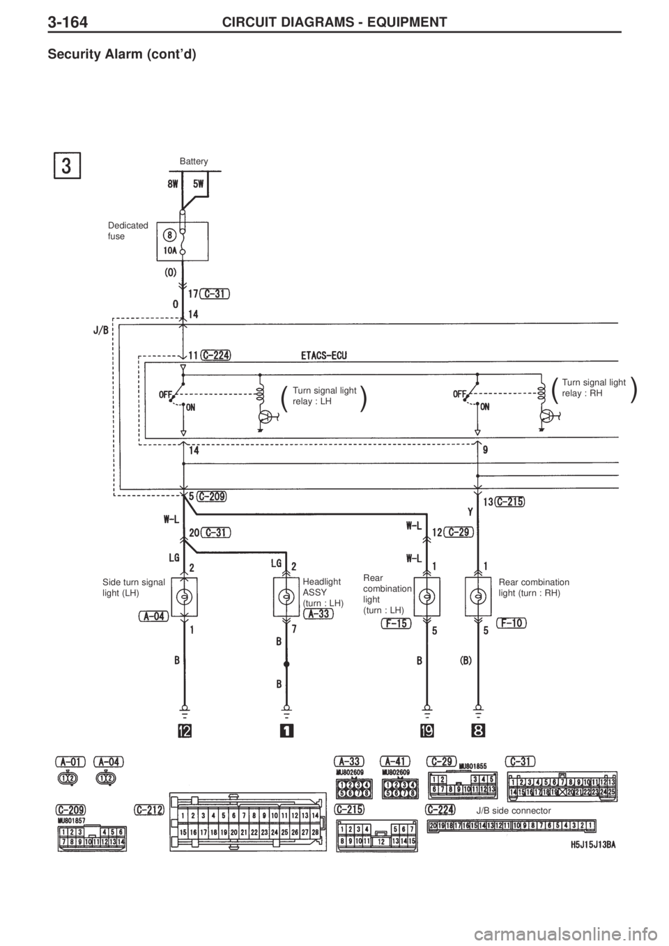 MITSUBISHI LANCER EVOLUTION IX 2005 Workshop Manual 3-164CIRCUIT DIAGRAMS - EQUIPMENT
Security Alarm (cont’d)
Dedicated
fuse Battery
Turn signal light
relay : LHTurn signal light
relay : RH
((
))
Side turn signal
light (LH)Headlight
ASSY
(turn : LH)R MITSUBISHI LANCER EVOLUTION IX 2005 Workshop Manual 3-164CIRCUIT DIAGRAMS - EQUIPMENT
Security Alarm (cont’d)
Dedicated
fuse Battery
Turn signal light
relay : LHTurn signal light
relay : RH
((
))
Side turn signal
light (LH)Headlight
ASSY
(turn : LH)R