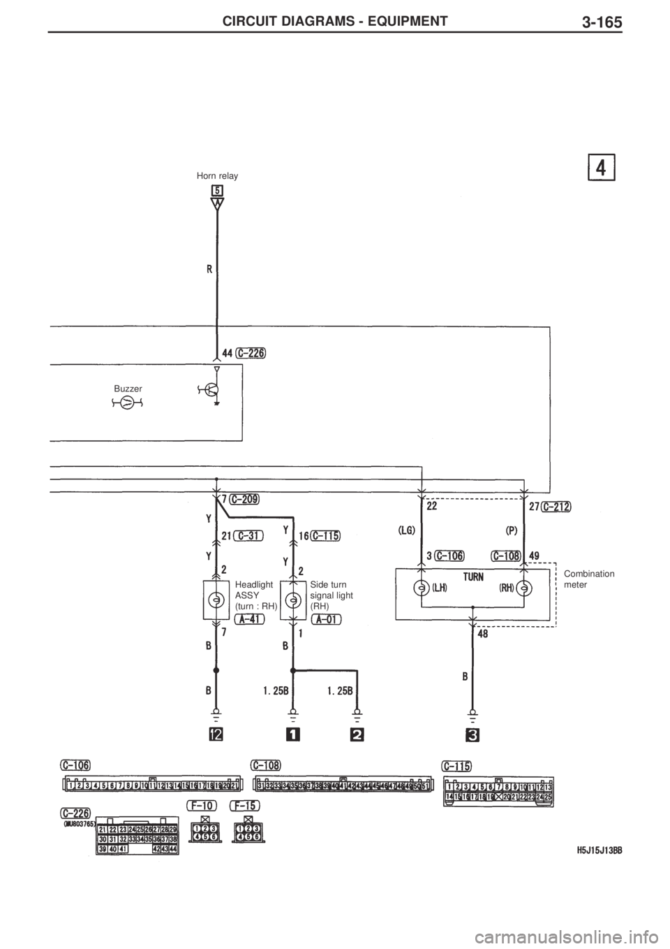 MITSUBISHI LANCER EVOLUTION IX 2005 Workshop Manual 3-165CIRCUIT DIAGRAMS - EQUIPMENT
Horn relay
Buzzer
Headlight
ASSY
(turn : RH)Side turn
signal light
(RH)Combination
meter MITSUBISHI LANCER EVOLUTION IX 2005 Workshop Manual 3-165CIRCUIT DIAGRAMS - EQUIPMENT
Horn relay
Buzzer
Headlight
ASSY
(turn : RH)Side turn
signal light
(RH)Combination
meter