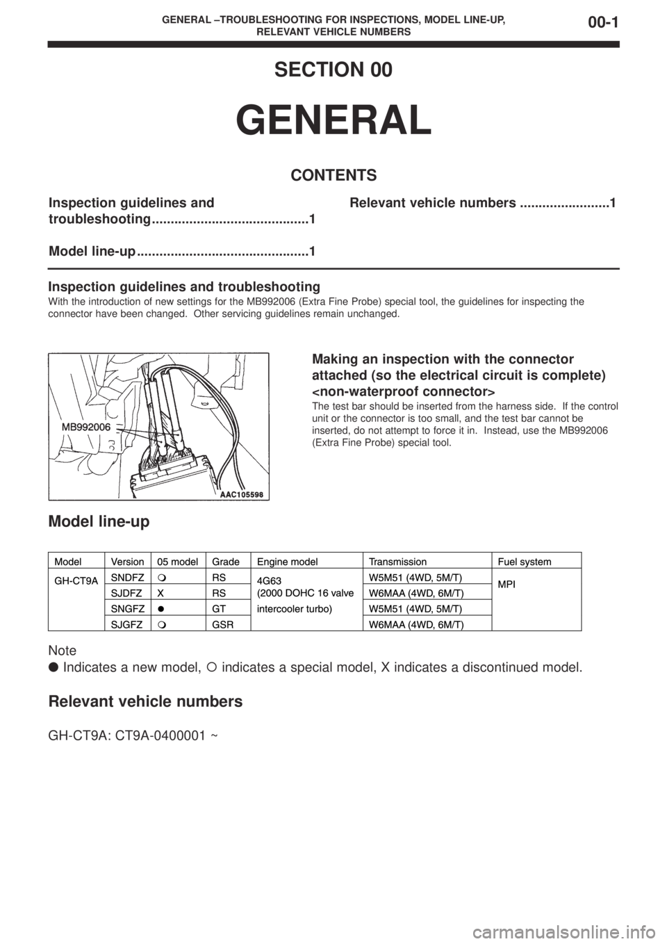 MITSUBISHI LANCER EVOLUTION IX 2005 Workshop Manual GENERAL –TROUBLESHOOTING FOR INSPECTIONS, MODEL LINE-UP,
RELEVANT VEHICLE NUMBERS00-1
SECTION 00
GENERAL
CONTENTS
Inspection guidelines and
troubleshooting.......................................... MITSUBISHI LANCER EVOLUTION IX 2005 Workshop Manual GENERAL –TROUBLESHOOTING FOR INSPECTIONS, MODEL LINE-UP,
RELEVANT VEHICLE NUMBERS00-1
SECTION 00
GENERAL
CONTENTS
Inspection guidelines and
troubleshooting..........................................