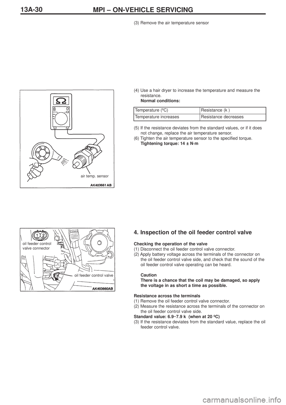 MITSUBISHI LANCER EVOLUTION IX 2005 Owners Manual MPI – ON-VEHICLE SERVICING13A-30
(3) Remove the air temperature sensor
(4) Use a hair dryer to increase the temperature and measure the
resistance.
Normal conditions:
air temp. sensor
Temperature ( MITSUBISHI LANCER EVOLUTION IX 2005 Owners Manual MPI – ON-VEHICLE SERVICING13A-30
(3) Remove the air temperature sensor
(4) Use a hair dryer to increase the temperature and measure the
resistance.
Normal conditions:
air temp. sensor
Temperature (Â