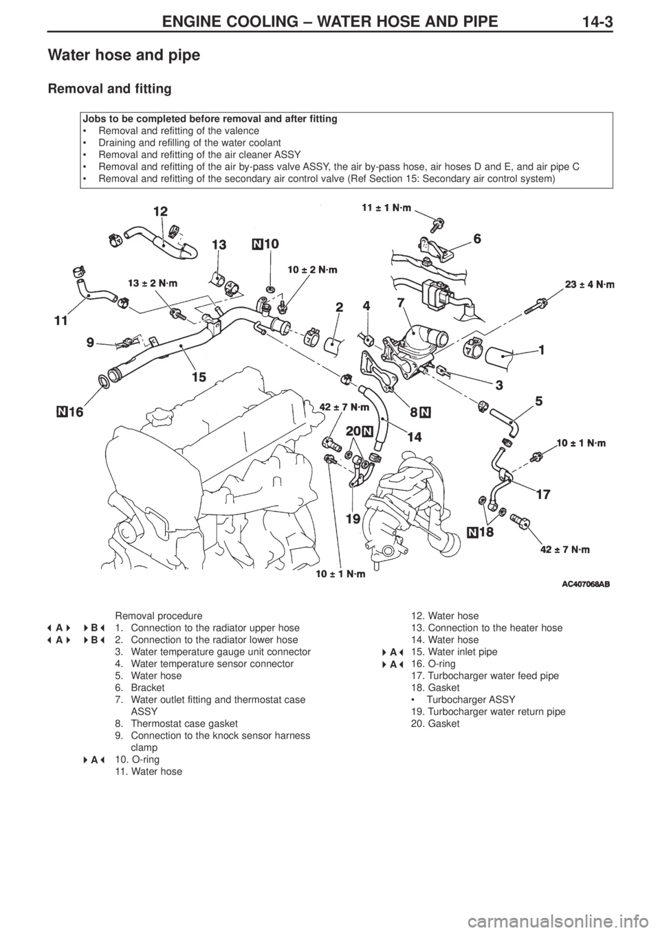 MITSUBISHI LANCER EVOLUTION IX 2005 Manual PDF ENGINE COOLING – WATER HOSE AND PIPE
14-3
Water hose and pipe
Removal and fitting
Jobs to be completed before removal and after fitting
•Removal and refitting of the valence
•Draining and refill