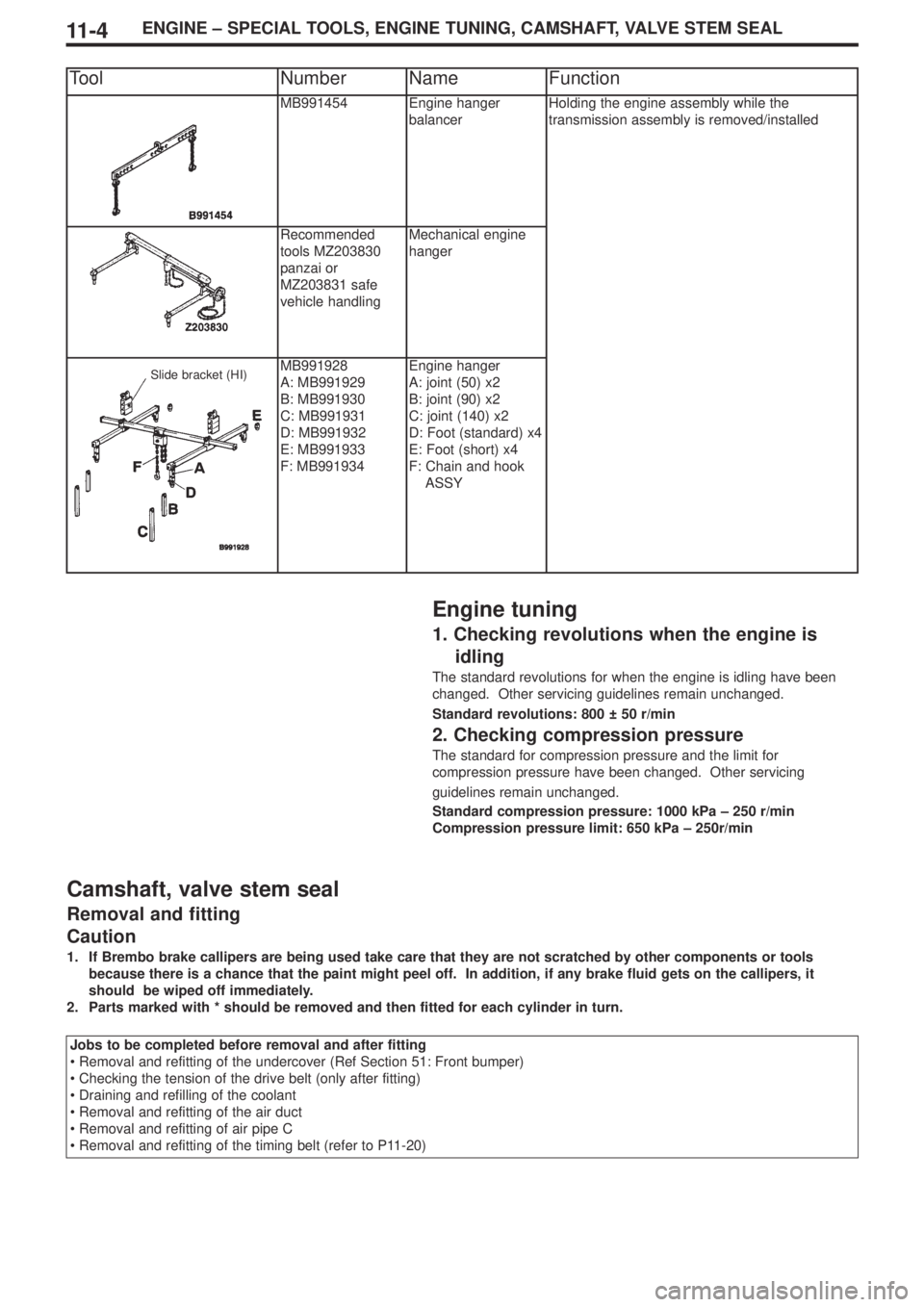MITSUBISHI LANCER EVOLUTION IX 2005 Workshop Manual ENGINE – SPECIAL TOOLS, ENGINE TUNING, CAMSHAFT, VALVE STEM SEAL11 - 4
Engine tuning
1. Checking revolutions when the engine is
idling
The standard revolutions for when the engine is idling have be MITSUBISHI LANCER EVOLUTION IX 2005 Workshop Manual ENGINE – SPECIAL TOOLS, ENGINE TUNING, CAMSHAFT, VALVE STEM SEAL11 - 4
Engine tuning
1. Checking revolutions when the engine is
idling
The standard revolutions for when the engine is idling have be