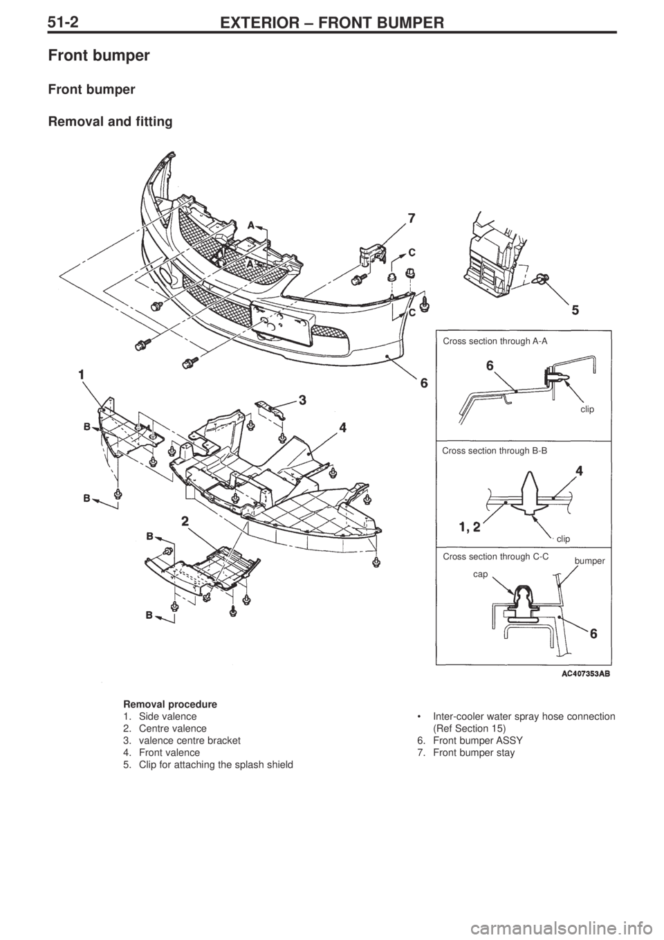 MITSUBISHI LANCER EVOLUTION IX 2005 Owners Manual EXTERIOR – FRONT BUMPER51-2
Front bumper
Front bumper
Removal and fitting
Removal procedure
1. Side valence
2. Centre valence
3. valence centre bracket
4. Front valence
5. Clip for attaching the s MITSUBISHI LANCER EVOLUTION IX 2005 Owners Manual EXTERIOR – FRONT BUMPER51-2
Front bumper
Front bumper
Removal and fitting
Removal procedure
1. Side valence
2. Centre valence
3. valence centre bracket
4. Front valence
5. Clip for attaching the s