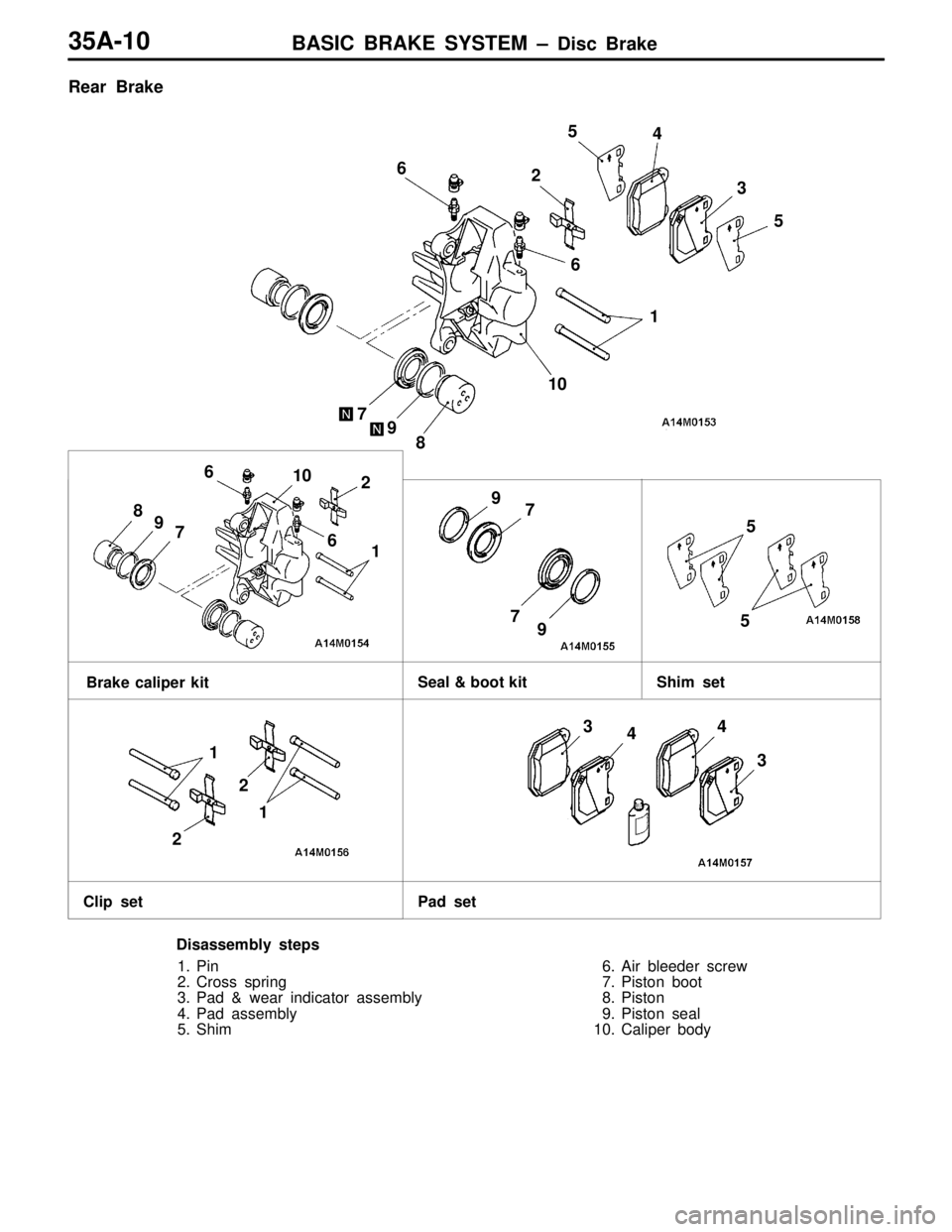 MITSUBISHI LANCER EVOLUTION VI 1999  Workshop Manual BASIC BRAKE SYSTEM – Disc Brake35A-10
Rear Brake
Seal & boot kit Shim  set
Clip set Pad setBrake caliper kit
1
23 4 5
6
7 8
910
2
6
16
7
8 910 2
1
7
9 7 9
3
4
3 4
2
1
65
5
5
Disassembly steps
1. Pin