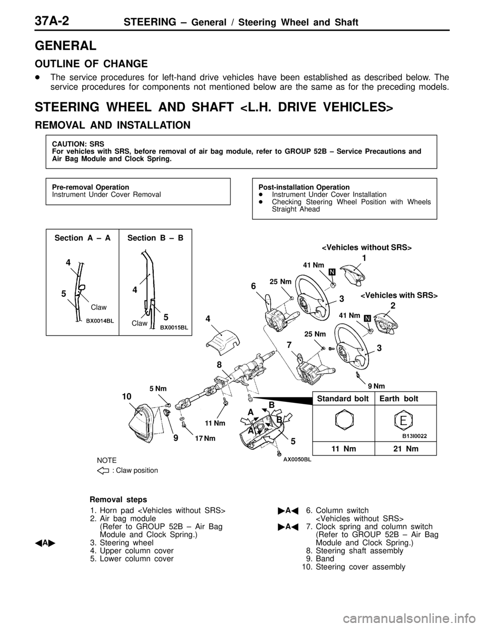 MITSUBISHI LANCER EVOLUTION VI 1999  Workshop Manual STEERING – General / Steering Wheel and Shaft37A-2
GENERAL
OUTLINE OF CHANGE
The service procedures for left-hand drive vehicles have been established as described below. The
service procedures for