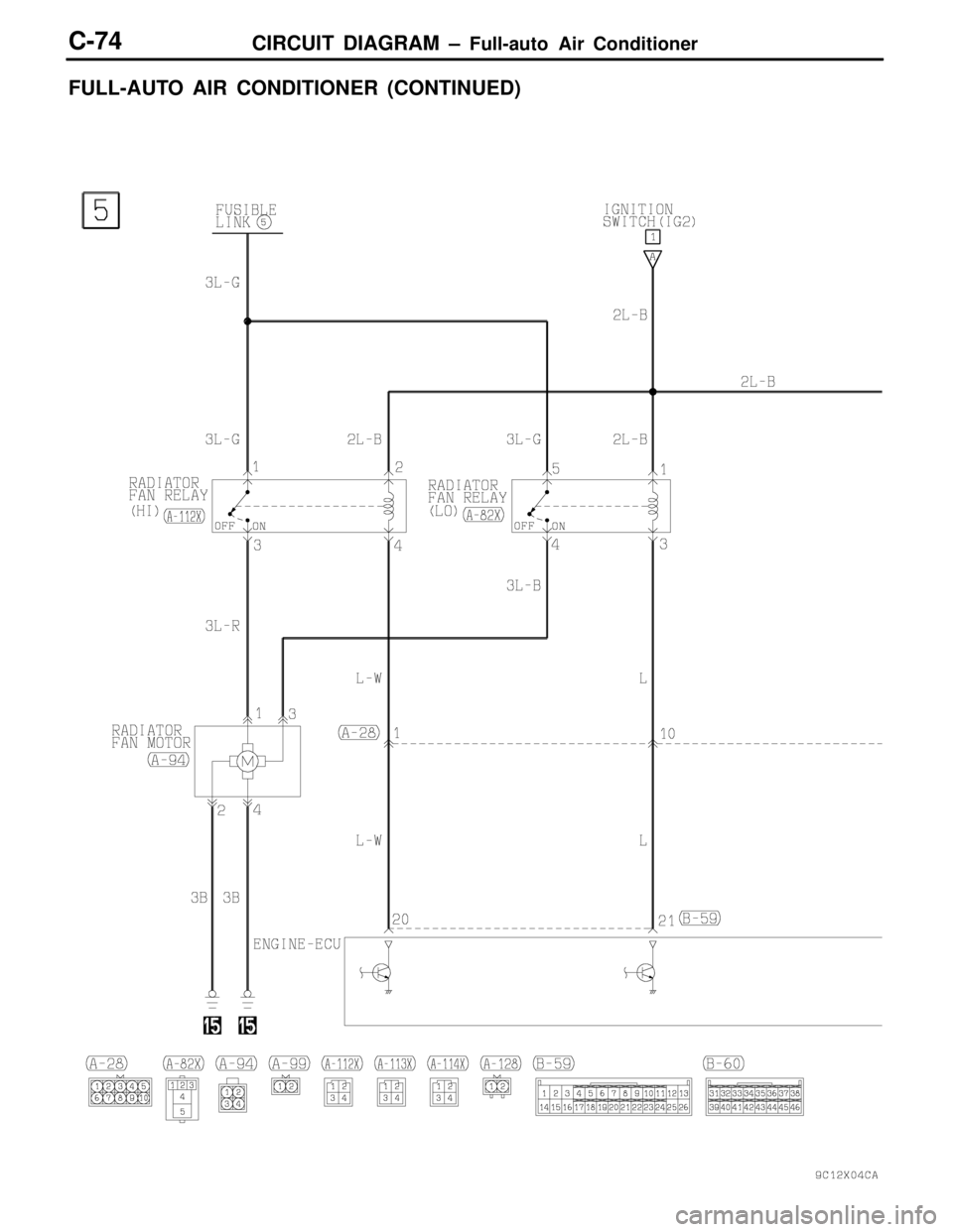 MITSUBISHI LANCER EVOLUTION VI 1999 Workshop Manual CIRCUIT DIAGRAM – Full-auto Air ConditionerC-74
FULL-AUTO AIR CONDITIONER (CONTINUED) MITSUBISHI LANCER EVOLUTION VI 1999 Workshop Manual CIRCUIT DIAGRAM – Full-auto Air ConditionerC-74
FULL-AUTO AIR CONDITIONER (CONTINUED)