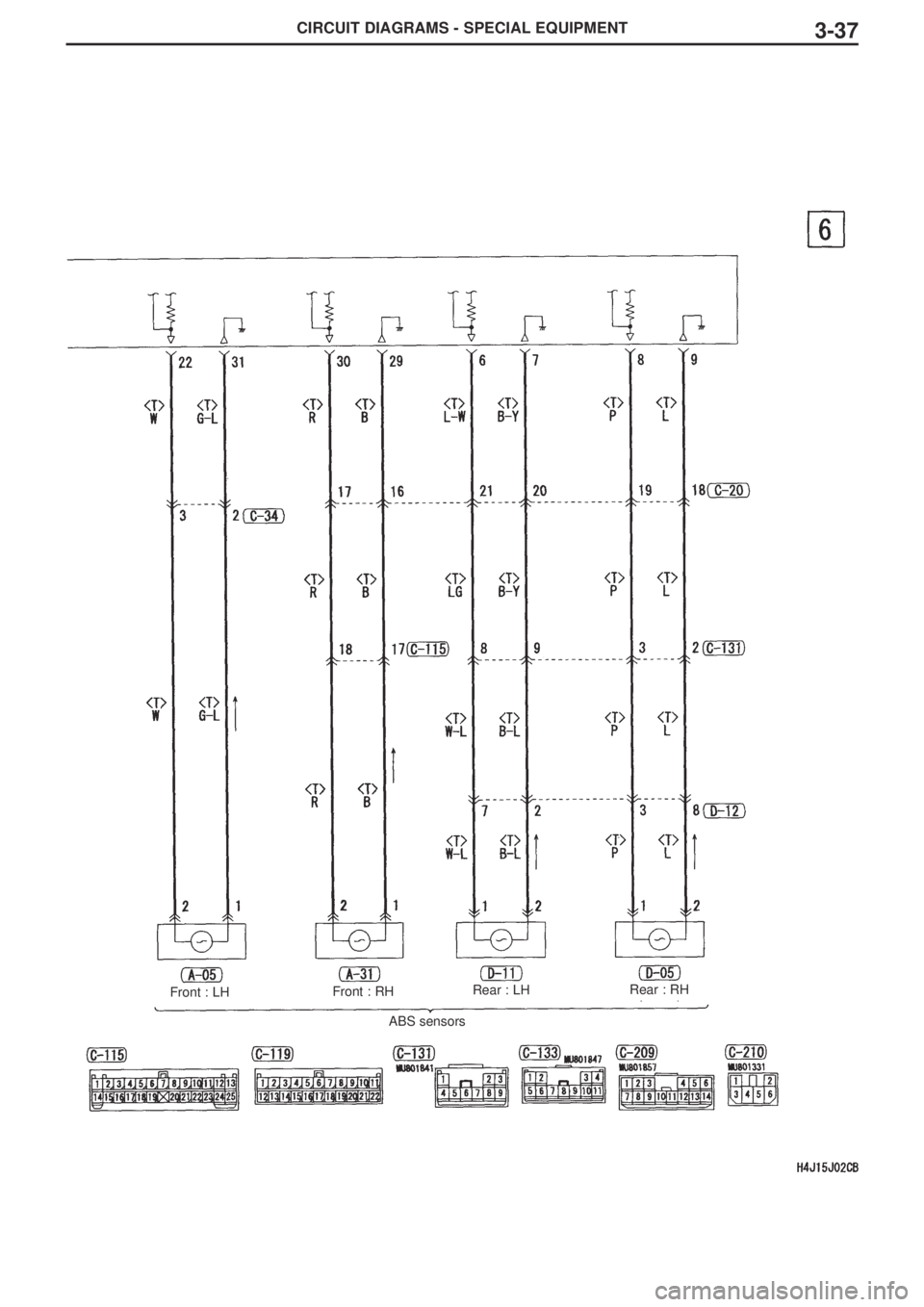 MITSUBISHI LANCER EVOLUTION VIII 2004 Workshop Manual CIRCUIT DIAGRAMS - SPECIAL EQUIPMENT3-37
Front : LHFront : RHRear : LHRear : RH
ABS sensors MITSUBISHI LANCER EVOLUTION VIII 2004 Workshop Manual CIRCUIT DIAGRAMS - SPECIAL EQUIPMENT3-37
Front : LHFront : RHRear : LHRear : RH
ABS sensors