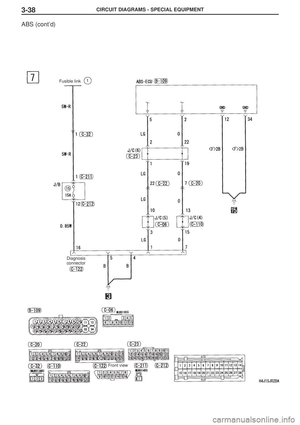 MITSUBISHI LANCER EVOLUTION VIII 2004 Workshop Manual CIRCUIT DIAGRAMS - SPECIAL EQUIPMENT3-38
ABS (cont’d)
Fusible link1
Diagnosis
connector
Front view MITSUBISHI LANCER EVOLUTION VIII 2004 Workshop Manual CIRCUIT DIAGRAMS - SPECIAL EQUIPMENT3-38
ABS (cont’d)
Fusible link1
Diagnosis
connector
Front view