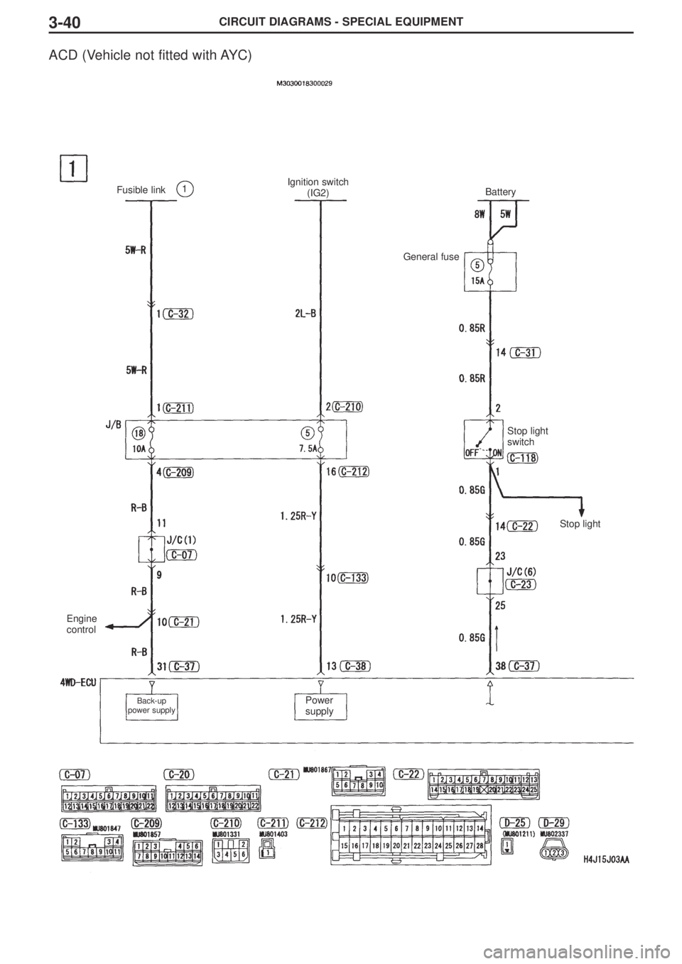 MITSUBISHI LANCER EVOLUTION VIII 2004 Workshop Manual CIRCUIT DIAGRAMS - SPECIAL EQUIPMENT3-40
ACD (Vehicle not fitted with AYC)
Fusible link1Ignition switch
(IG2)Battery
General fuse
Stop light
switch
Stop light
Back-up
power supply
Engine
control
Power MITSUBISHI LANCER EVOLUTION VIII 2004 Workshop Manual CIRCUIT DIAGRAMS - SPECIAL EQUIPMENT3-40
ACD (Vehicle not fitted with AYC)
Fusible link1Ignition switch
(IG2)Battery
General fuse
Stop light
switch
Stop light
Back-up
power supply
Engine
control
Power