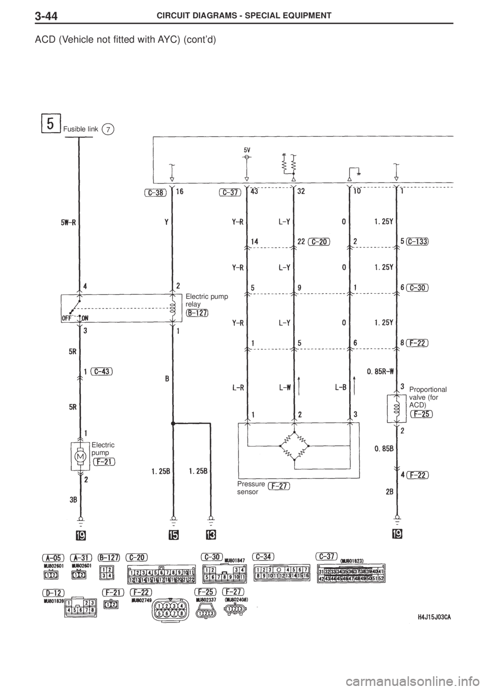 MITSUBISHI LANCER EVOLUTION VIII 2004 Workshop Manual CIRCUIT DIAGRAMS - SPECIAL EQUIPMENT3-44
ACD (Vehicle not fitted with AYC) (cont’d)
Fusible link7
Electric
pump
Electric pump
relay
Pressure
sensor
Proportional
valve (for
ACD) MITSUBISHI LANCER EVOLUTION VIII 2004 Workshop Manual CIRCUIT DIAGRAMS - SPECIAL EQUIPMENT3-44
ACD (Vehicle not fitted with AYC) (cont’d)
Fusible link7
Electric
pump
Electric pump
relay
Pressure
sensor
Proportional
valve (for
ACD)