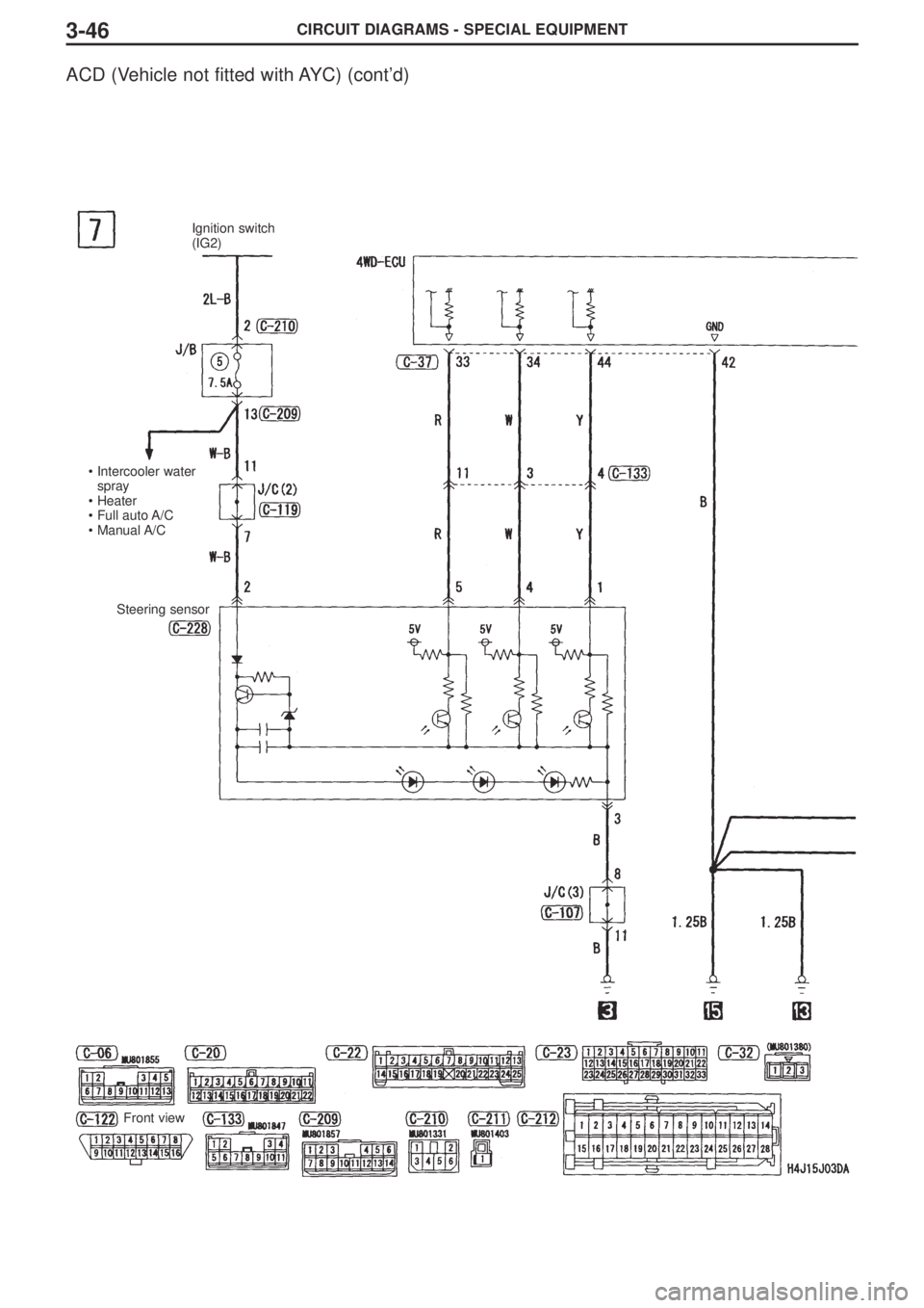 MITSUBISHI LANCER EVOLUTION VIII 2004  Workshop Manual CIRCUIT DIAGRAMS - SPECIAL EQUIPMENT3-46
ACD (Vehicle not fitted with AYC) (cont’d)
Ignition switch
(IG2)
•Intercooler water 
spray
•Heater
•Full auto A/C
•Manual A/C
Steering sensor
Front v