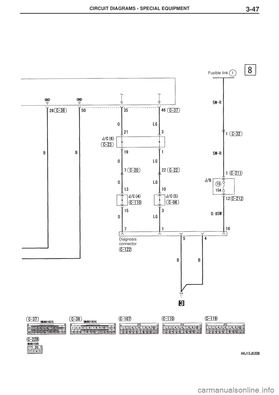 MITSUBISHI LANCER EVOLUTION VIII 2004 Workshop Manual CIRCUIT DIAGRAMS - SPECIAL EQUIPMENT3-47
Fusible link1
Diagnosis
connector MITSUBISHI LANCER EVOLUTION VIII 2004 Workshop Manual CIRCUIT DIAGRAMS - SPECIAL EQUIPMENT3-47
Fusible link1
Diagnosis
connector
