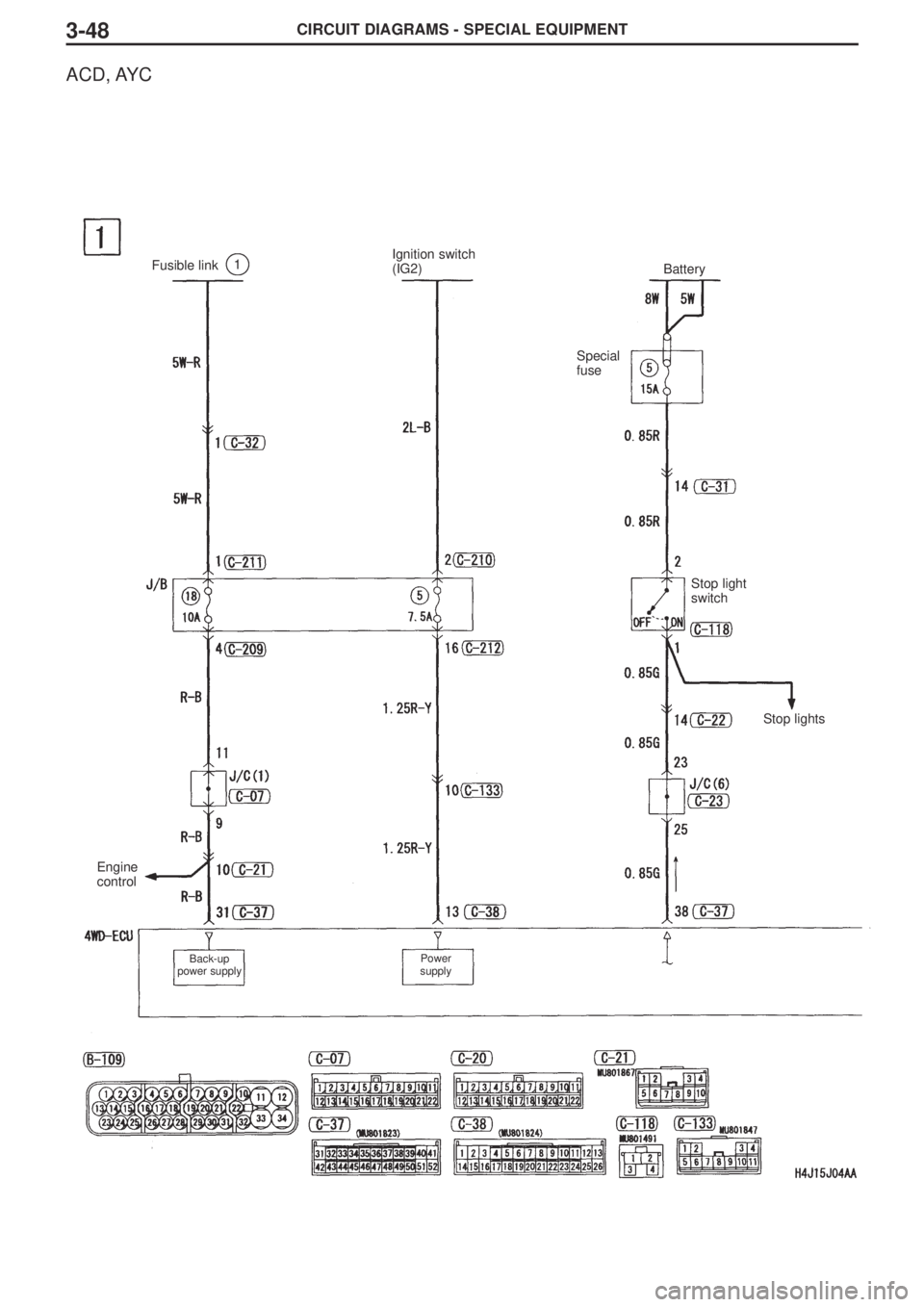 MITSUBISHI LANCER EVOLUTION VIII 2004 Workshop Manual CIRCUIT DIAGRAMS - SPECIAL EQUIPMENT3-48
ACD, AYC
Fusible link1Ignition switch
(IG2)Battery
Engine
control
Back-up
power supplyPower
supply
Special
fuse
Stop light
switch
Stop lights MITSUBISHI LANCER EVOLUTION VIII 2004 Workshop Manual CIRCUIT DIAGRAMS - SPECIAL EQUIPMENT3-48
ACD, AYC
Fusible link1Ignition switch
(IG2)Battery
Engine
control
Back-up
power supplyPower
supply
Special
fuse
Stop light
switch
Stop lights