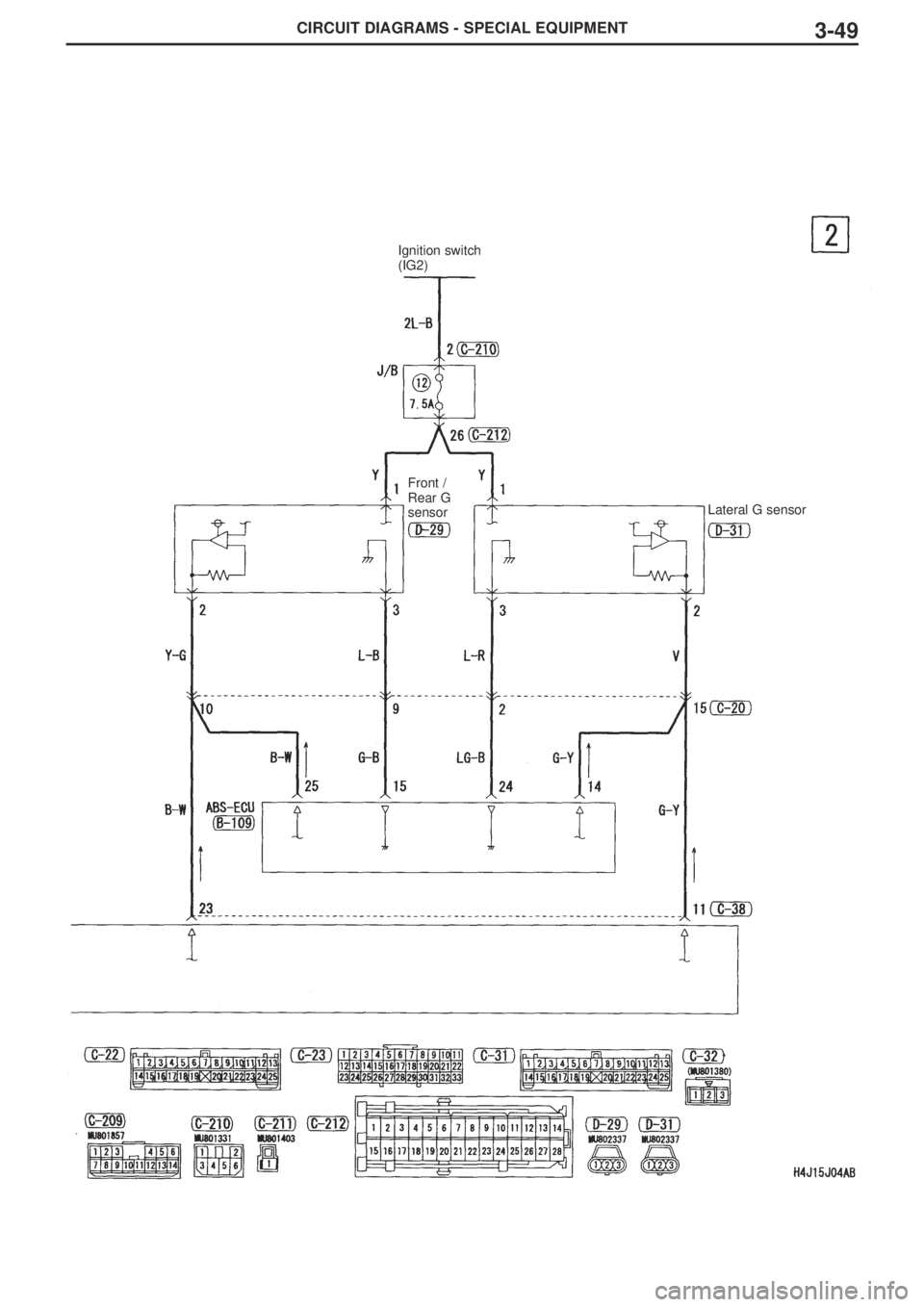 MITSUBISHI LANCER EVOLUTION VIII 2004 Workshop Manual CIRCUIT DIAGRAMS - SPECIAL EQUIPMENT3-49
Ignition switch
(IG2)
Front /
Rear G
sensor
Lateral G sensor MITSUBISHI LANCER EVOLUTION VIII 2004 Workshop Manual CIRCUIT DIAGRAMS - SPECIAL EQUIPMENT3-49
Ignition switch
(IG2)
Front /
Rear G
sensor
Lateral G sensor