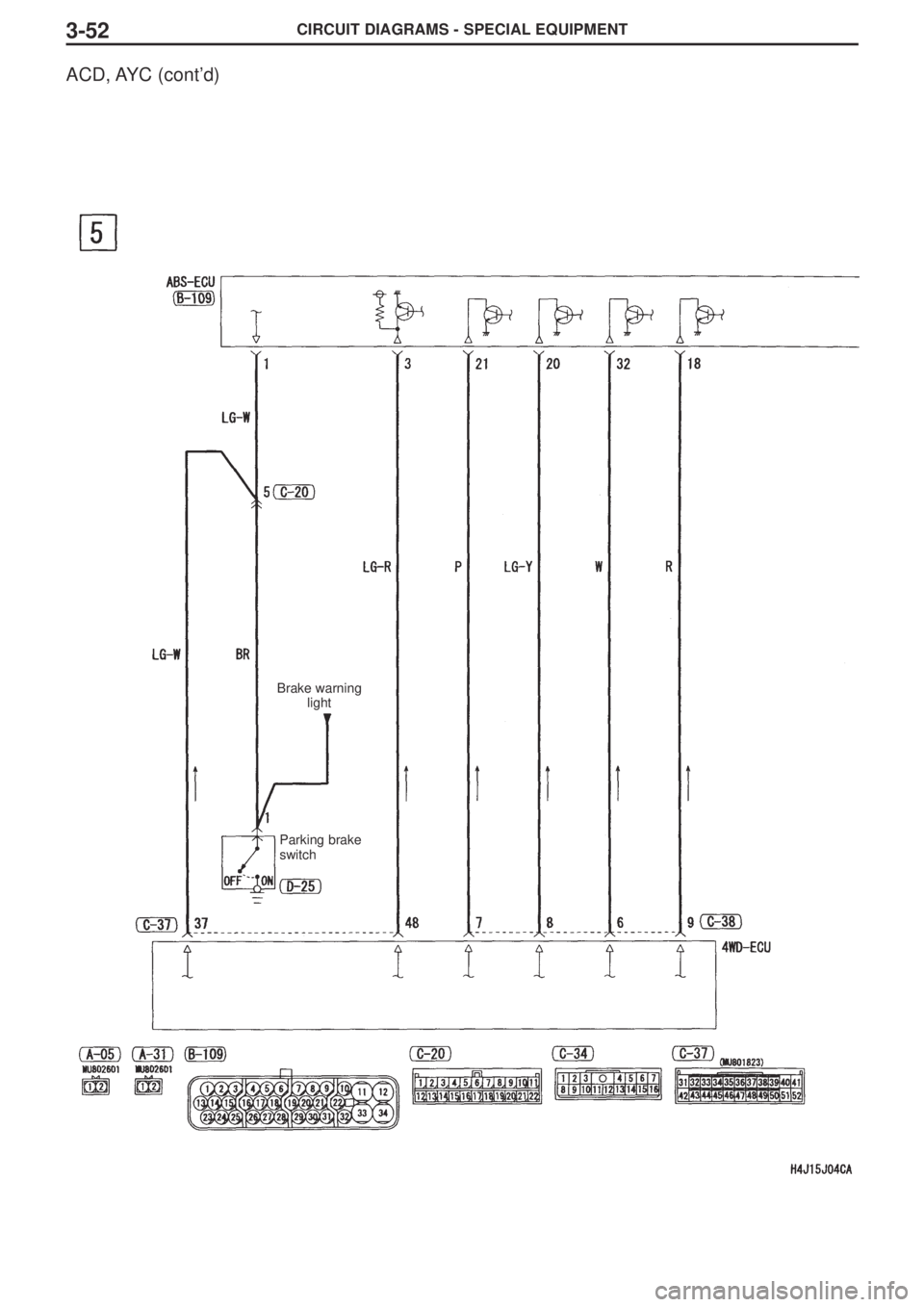 MITSUBISHI LANCER EVOLUTION VIII 2004 Workshop Manual CIRCUIT DIAGRAMS - SPECIAL EQUIPMENT3-52
ACD, AYC (cont’d)
Brake warning
light
Parking brake
switch MITSUBISHI LANCER EVOLUTION VIII 2004 Workshop Manual CIRCUIT DIAGRAMS - SPECIAL EQUIPMENT3-52
ACD, AYC (cont’d)
Brake warning
light
Parking brake
switch
