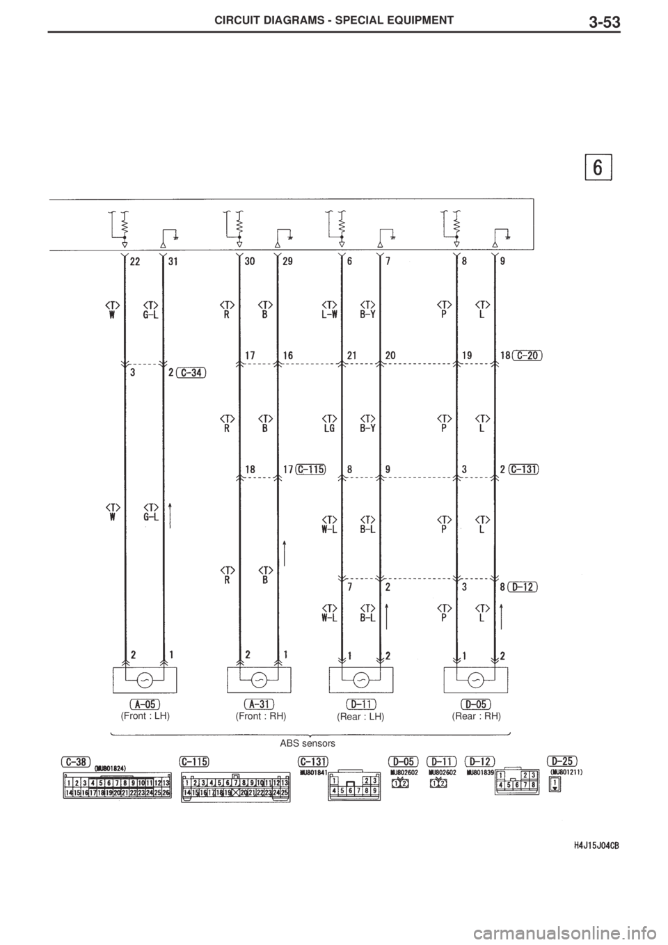 MITSUBISHI LANCER EVOLUTION VIII 2004 Workshop Manual CIRCUIT DIAGRAMS - SPECIAL EQUIPMENT3-53
(Front : LH)(Front : RH)(Rear : LH)(Rear : RH)
ABS sensors MITSUBISHI LANCER EVOLUTION VIII 2004 Workshop Manual CIRCUIT DIAGRAMS - SPECIAL EQUIPMENT3-53
(Front : LH)(Front : RH)(Rear : LH)(Rear : RH)
ABS sensors