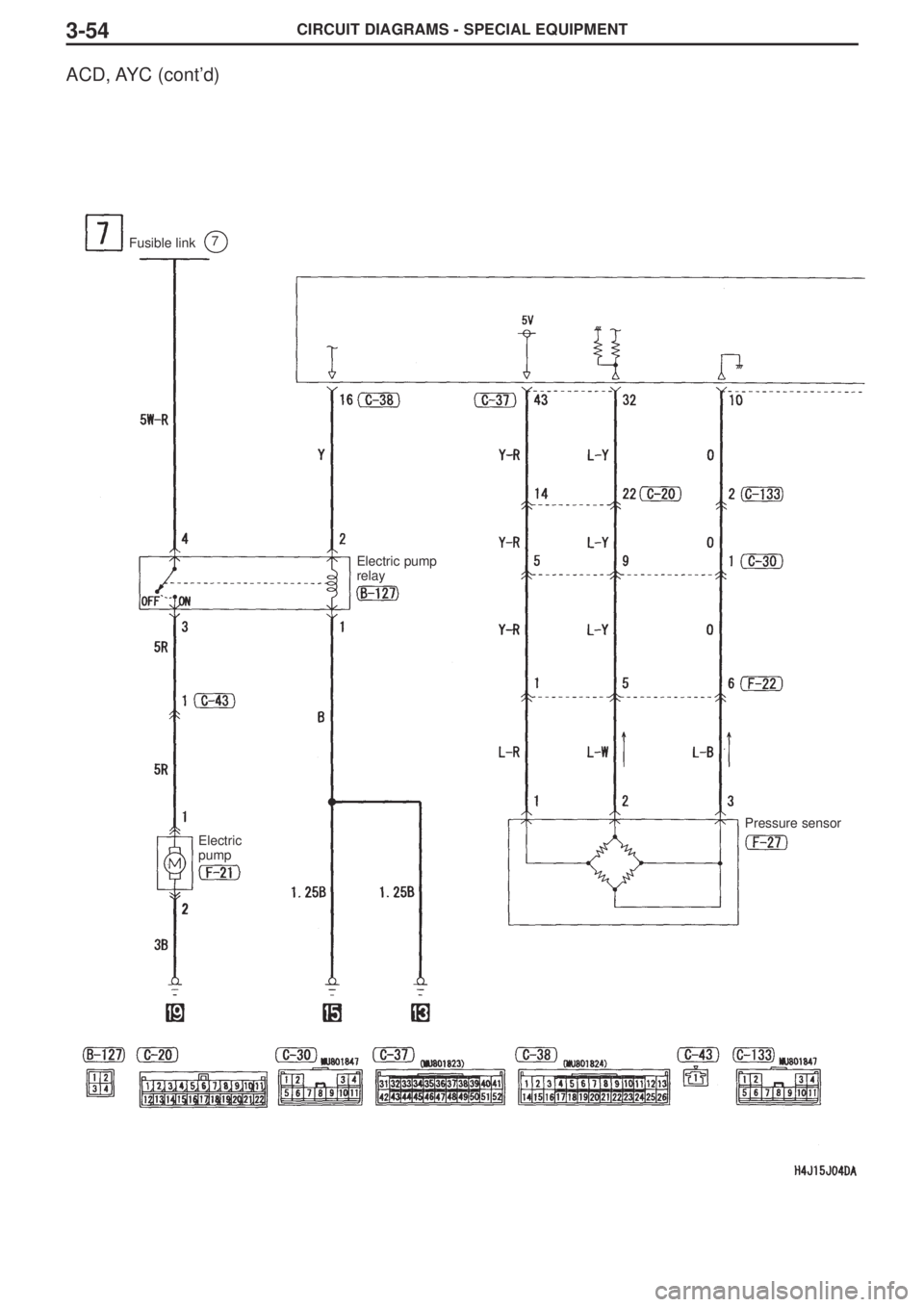 MITSUBISHI LANCER EVOLUTION VIII 2004 Workshop Manual CIRCUIT DIAGRAMS - SPECIAL EQUIPMENT3-54
ACD, AYC (cont’d)
Fusible link7
Electric
pump
Electric pump
relay
Pressure sensor MITSUBISHI LANCER EVOLUTION VIII 2004 Workshop Manual CIRCUIT DIAGRAMS - SPECIAL EQUIPMENT3-54
ACD, AYC (cont’d)
Fusible link7
Electric
pump
Electric pump
relay
Pressure sensor