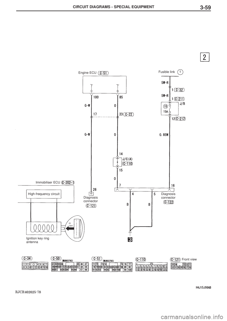 MITSUBISHI LANCER EVOLUTION VIII 2004 Workshop Manual CIRCUIT DIAGRAMS - SPECIAL EQUIPMENT3-59
Fusible link1Engine ECU
Immobiliser ECU
Ignition key ring
antenna
ID
cardT
r
a
n
s
p
o
n
d
e
r
Diagnosis
connectorDiagnosis
connector
Front view
High-frequency MITSUBISHI LANCER EVOLUTION VIII 2004 Workshop Manual CIRCUIT DIAGRAMS - SPECIAL EQUIPMENT3-59
Fusible link1Engine ECU
Immobiliser ECU
Ignition key ring
antenna
ID
cardT
r
a
n
s
p
o
n
d
e
r
Diagnosis
connectorDiagnosis
connector
Front view
High-frequency