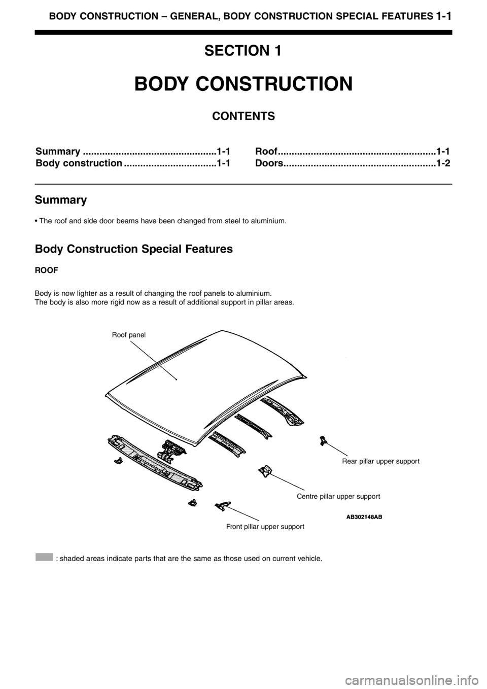MITSUBISHI LANCER EVOLUTION VIII 2004 Owners Guide 1�1BODY CONSTRUCTION – GENERAL, BODY CONSTRUCTION SPECIAL FEATURES      
SECTION 1
BODY CONSTRUCTION
CONTENTS
Summary .................................................1�1
Body construction .........