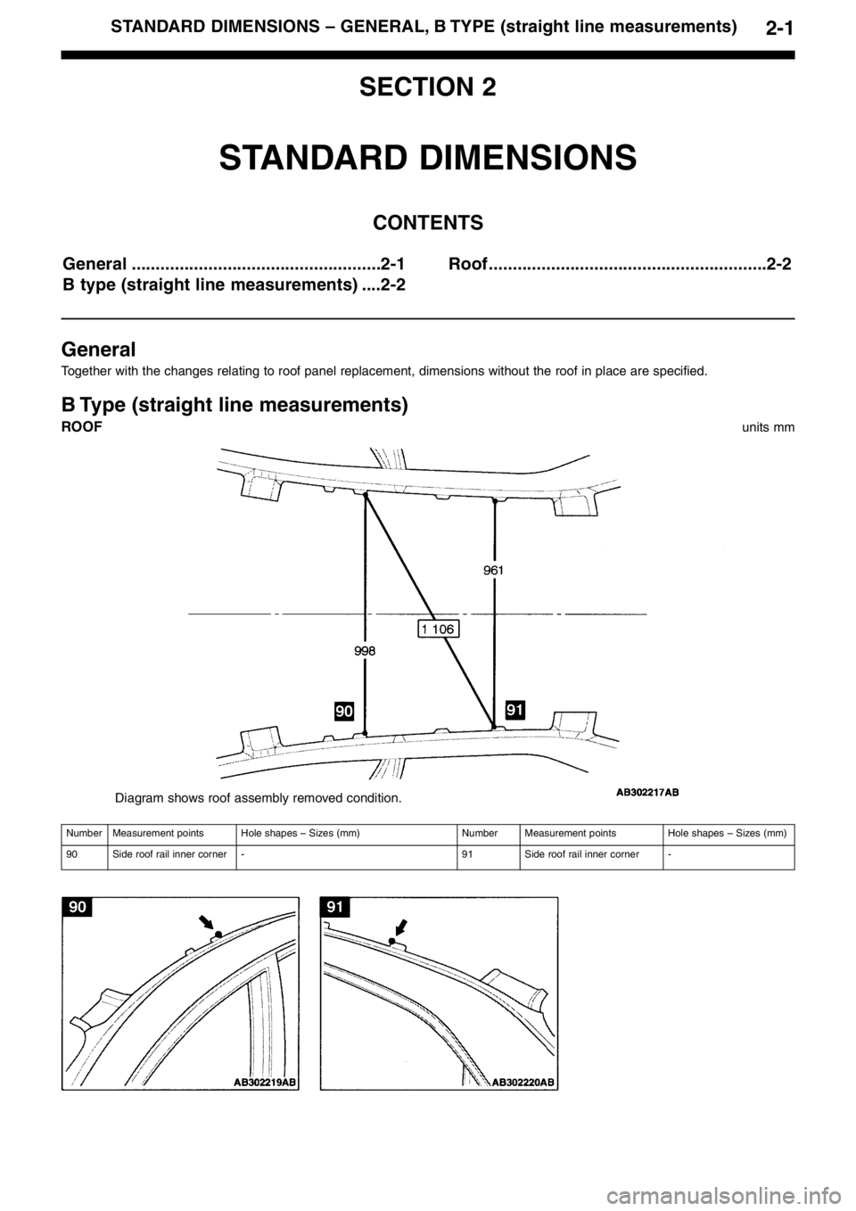 MITSUBISHI LANCER EVOLUTION VIII 2004 Owners Guide 2�1STANDARD DIMENSIONS – GENERAL, B TYPE (straight line measurements)
SECTION 2
STANDARD DIMENSIONS
CONTENTS
General ....................................................2�1
B type (straight line mea