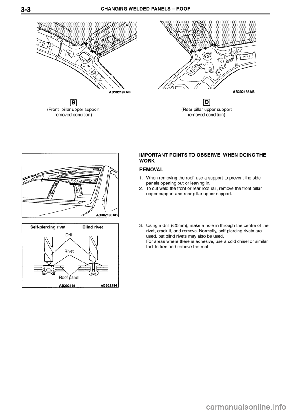 MITSUBISHI LANCER EVOLUTION VIII 2004 Owners Guide 3�3CHANGING WELDED PANELS – ROOF
(Front  pillar upper support (Rear pillar upper support
removed condition) removed condition)
IMPORTANT POINTS TO OBSERVE  WHEN DOING THE
WORK
REMOVAL
1.When removin