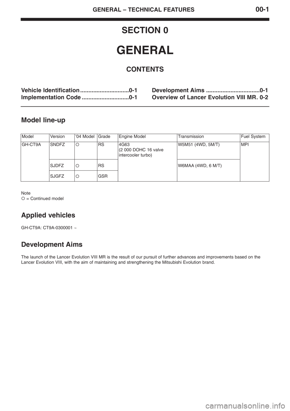 MITSUBISHI LANCER EVOLUTION VIII 2004  Workshop Manual 00�1GENERAL – TECHNICAL FEATURES
SECTION 0
GENERAL
CONTENTS
Vehicle Identification ..............................0�1
Implementation Code .............................0�1Development Aims ............