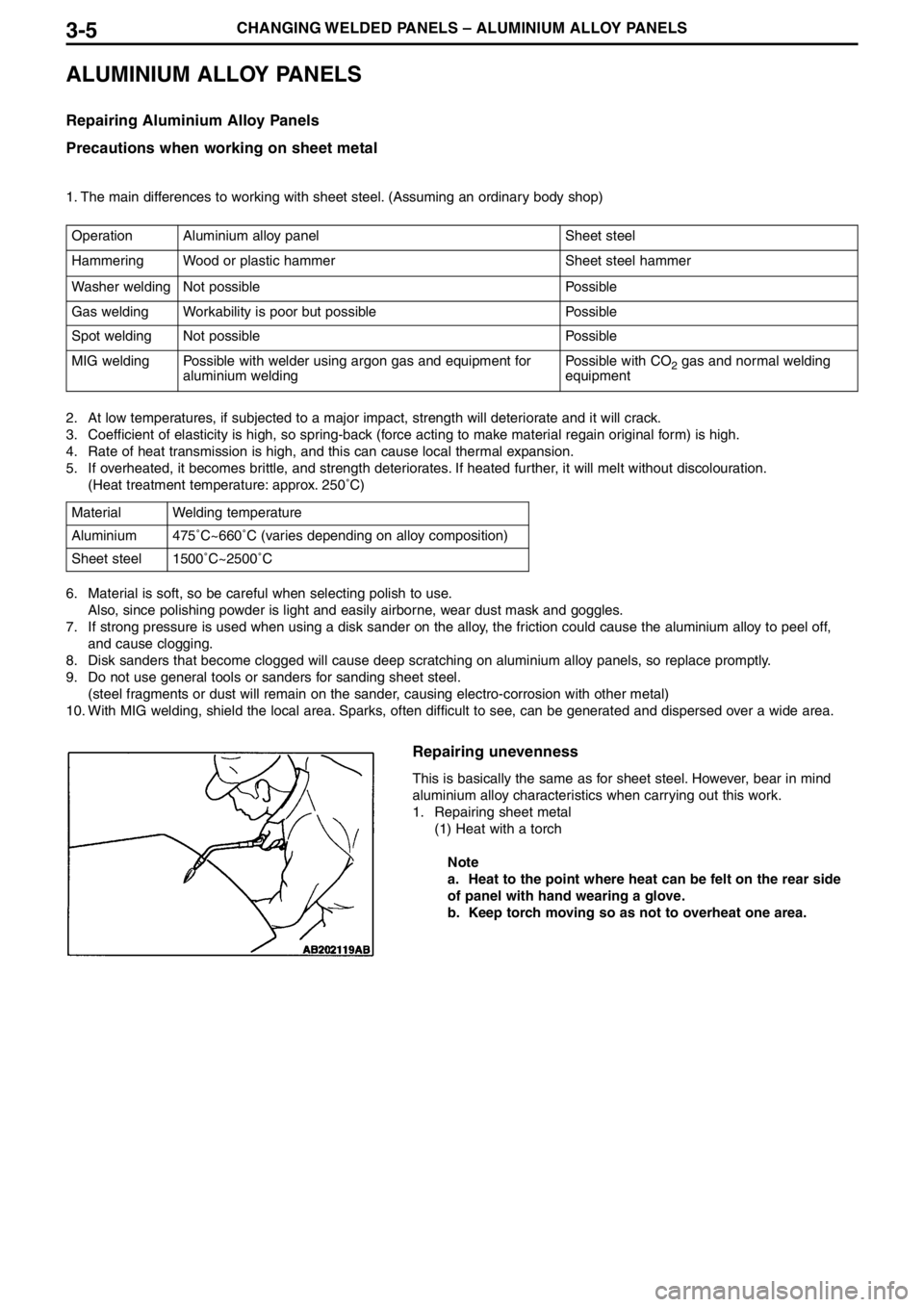 MITSUBISHI LANCER EVOLUTION VIII 2004 Service Manual 3�5CHANGING WELDED PANELS – ALUMINIUM ALLOY PANELS
ALUMINIUM ALLOY PANELS
Repairing Aluminium Alloy Panels
Precautions when working on sheet metal
1. The main differences to working with sheet steel
