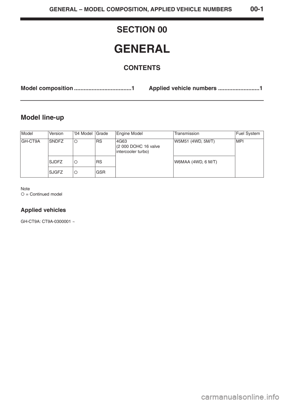 MITSUBISHI LANCER EVOLUTION VIII 2004 Repair Manual 00�1GENERAL – MODEL COMPOSITION, APPLIED VEHICLE NUMBERS
SECTION 00
GENERAL
CONTENTS
Model composition ....................................1 Applied vehicle numbers ..........................1
Model