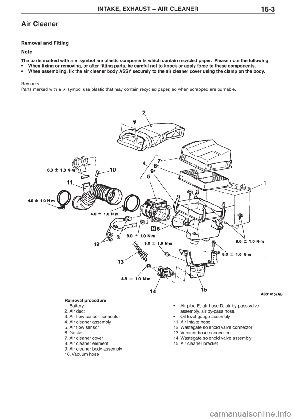 MITSUBISHI LANCER EVOLUTION VIII 2004 Repair Manual INTAKE, EXHAUST – AIR CLEANER15�3
Air Cleaner
Removal and Fitting
Note
The parts marked with a �symbol are plastic components which contain recycled paper. Please note the following:
•When fixing 