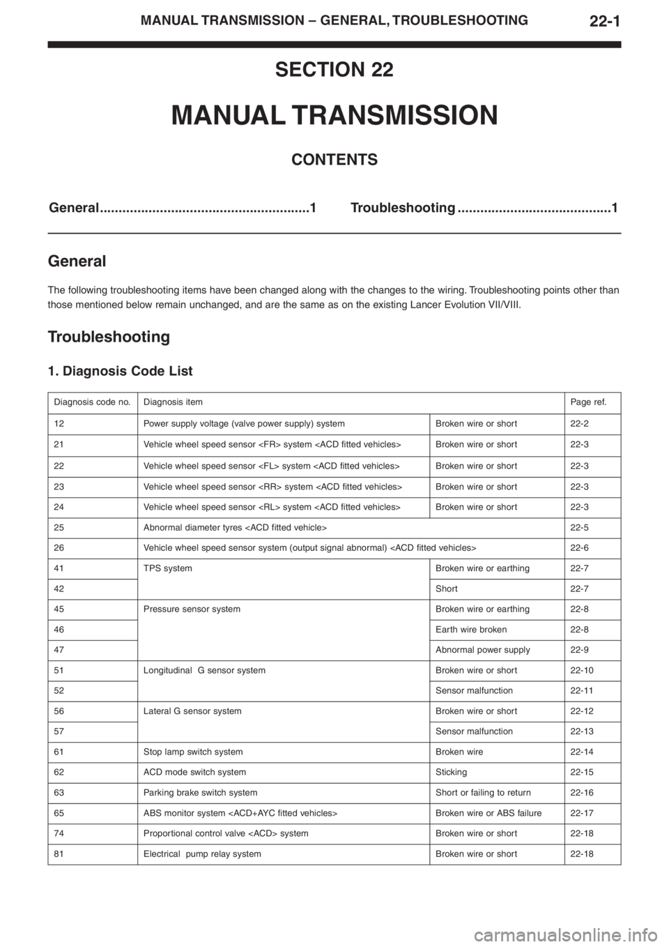 MITSUBISHI LANCER EVOLUTION VIII 2004 Repair Manual SECTION 22
MANUAL TRANSMISSION
CONTENTS
General........................................................1 Troubleshooting .........................................1
General
The following troubleshootin
