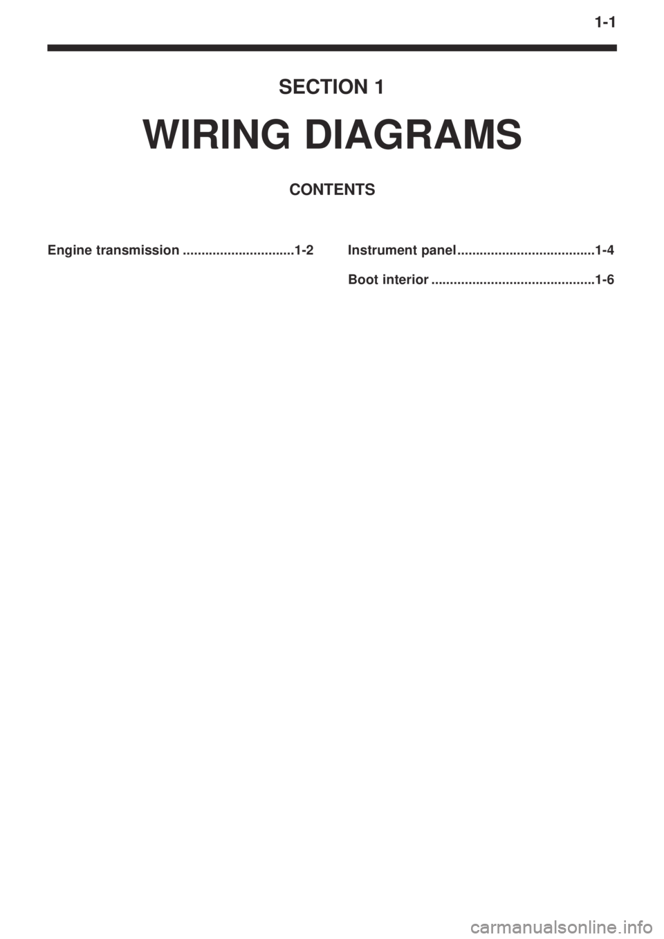 MITSUBISHI LANCER EVOLUTION VIII 2004  Workshop Manual 1-1
SECTION 1
WIRING DIAGRAMS
CONTENTS
Engine transmission ..............................1-2 Instrument panel .....................................1-4
Boot interior ...................................