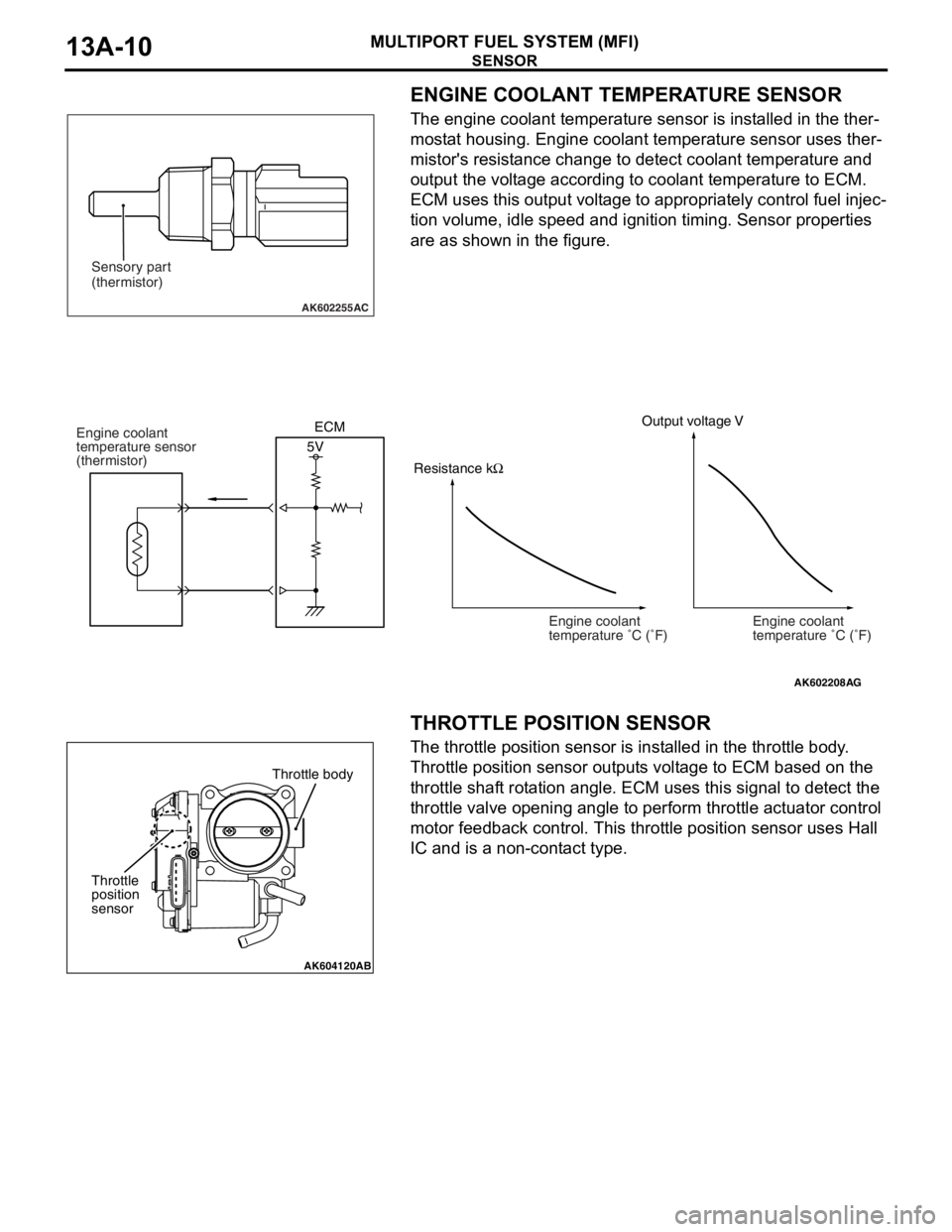 MITSUBISHI LANCER EVOLUTION X 2008 Workshop Manual SENSOR
MULTIPORT FUEL SYSTEM (MFI)13A-10
ENGINE COOLANT TEMPERATURE SENSOR
The engine coolant temperature sensor is installed in the ther-
mostat housing. Engine coolant temperature sensor uses ther-
MITSUBISHI LANCER EVOLUTION X 2008 Workshop Manual SENSOR
MULTIPORT FUEL SYSTEM (MFI)13A-10
ENGINE COOLANT TEMPERATURE SENSOR
The engine coolant temperature sensor is installed in the ther-
mostat housing. Engine coolant temperature sensor uses ther-